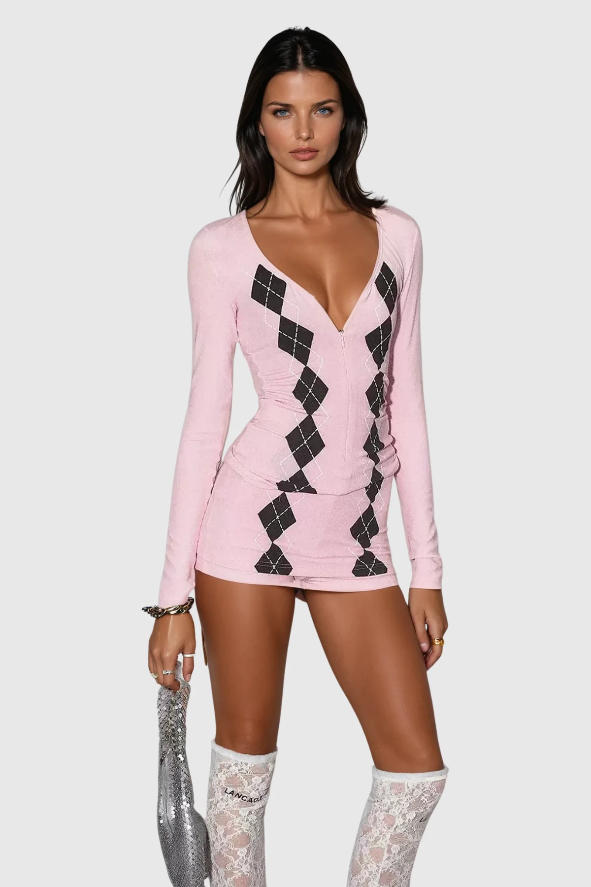 Pink Diamond Grid Long Sleeve Pants Set