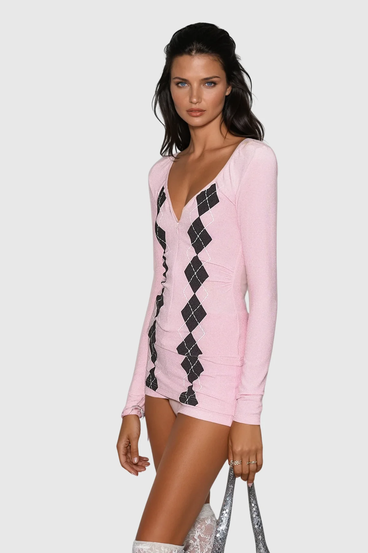 Pink Diamond Grid Long Sleeve Pants Set