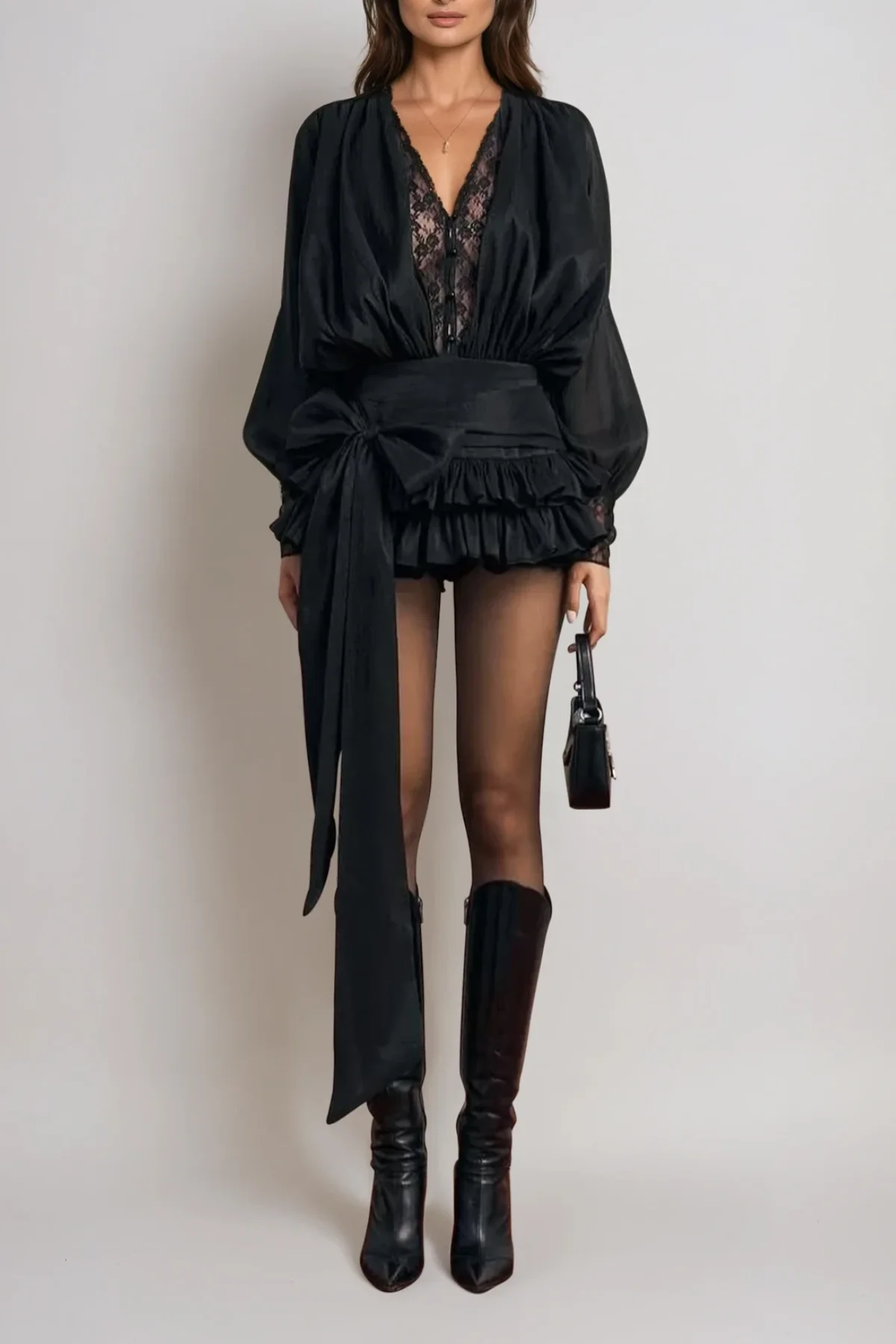 Black Lace Plunge Mini Dress with Bow Detail