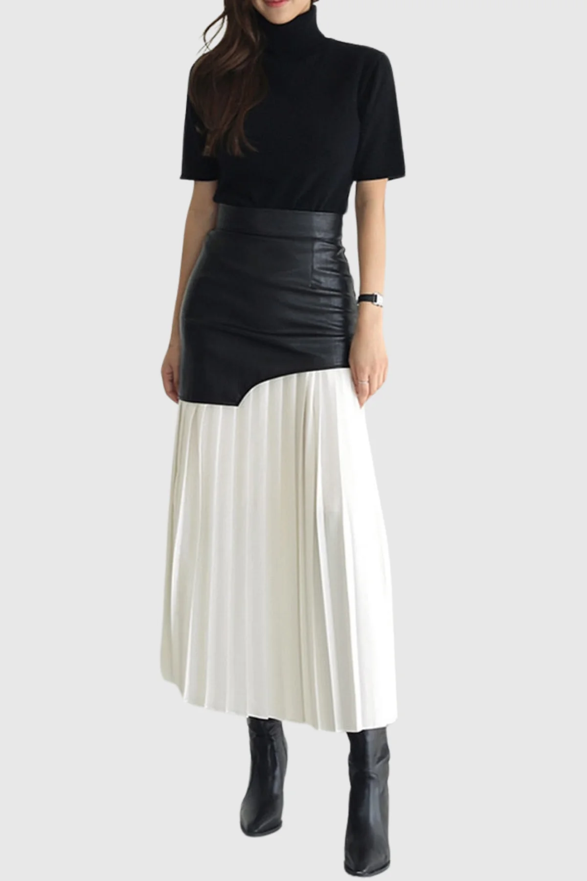 White Leather Mesh Patchwork Midi Skirt