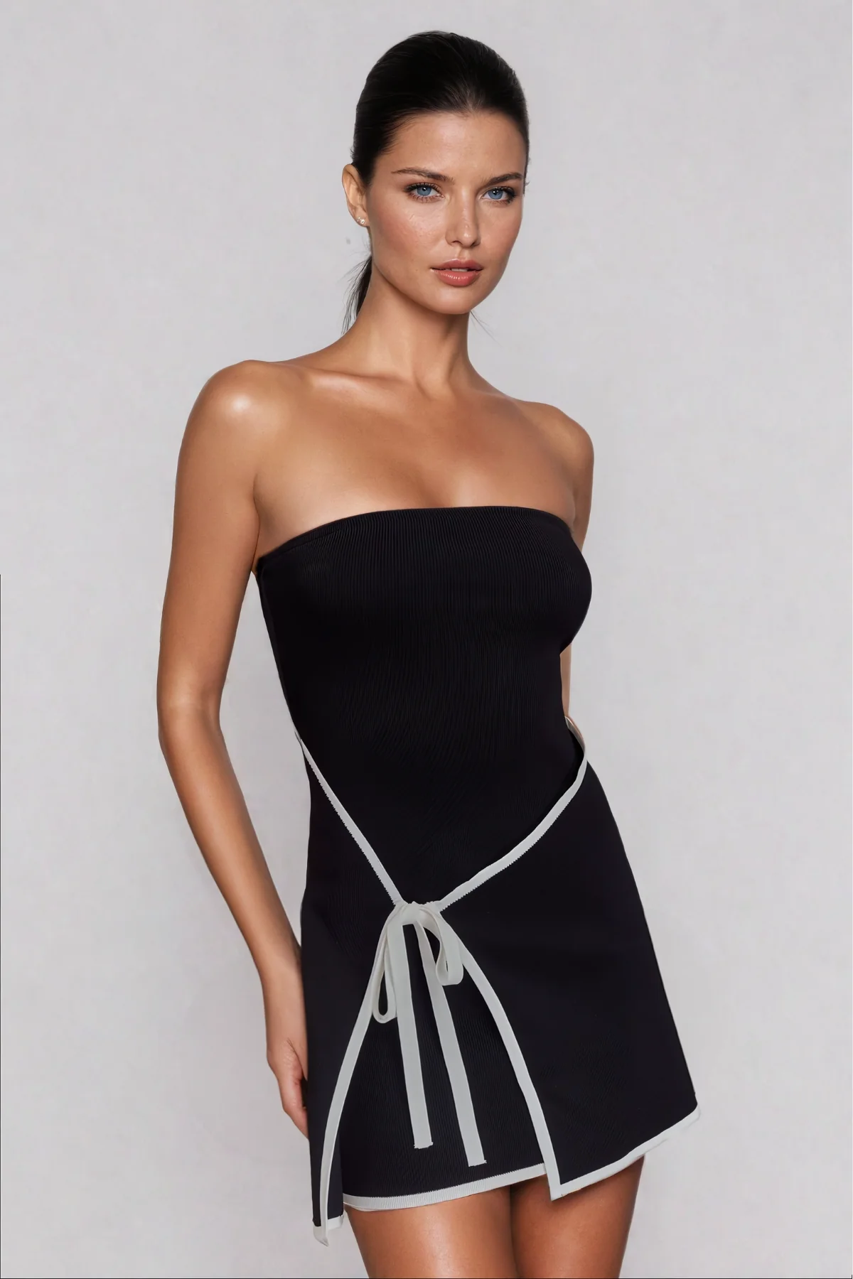 Black Strapless Knit Mini Dress with Lace-Up Detail