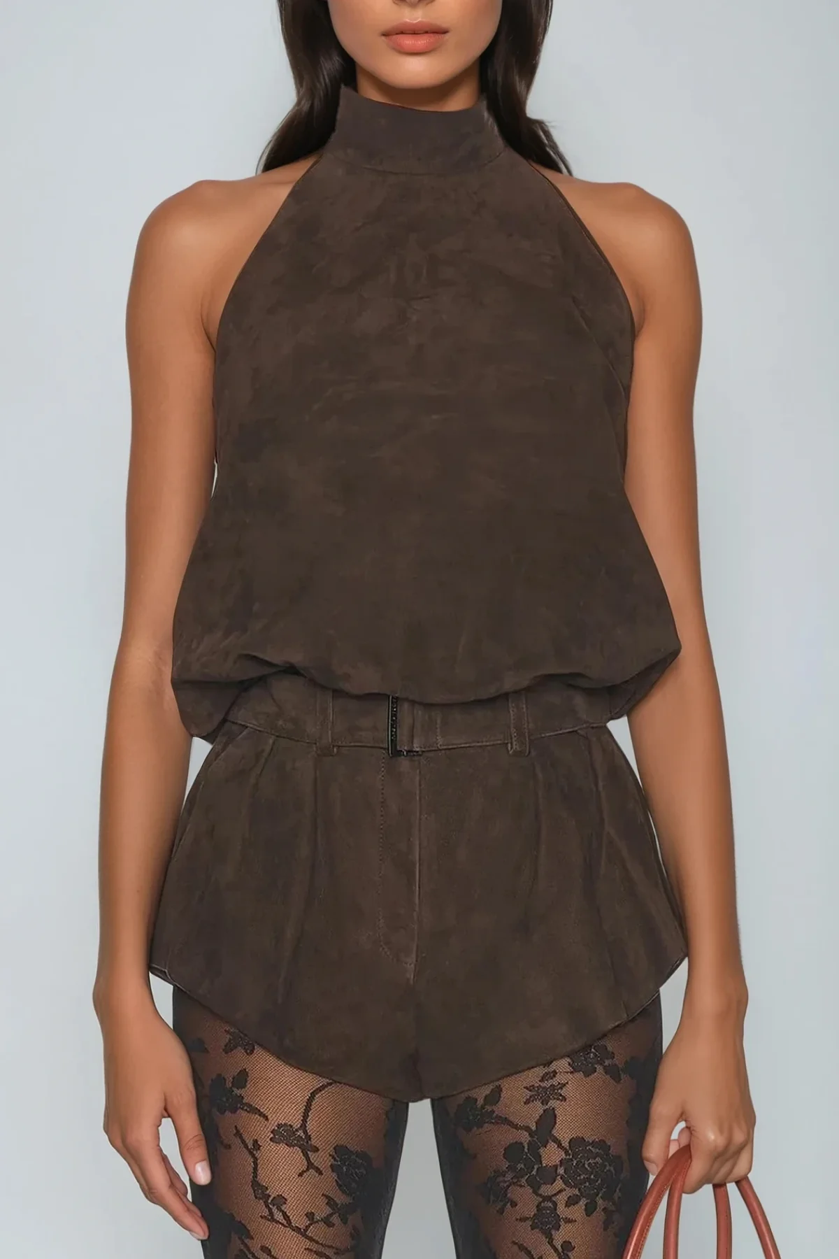 Suede Halter Neck Top in Brown | Elegant Bartolo Style
