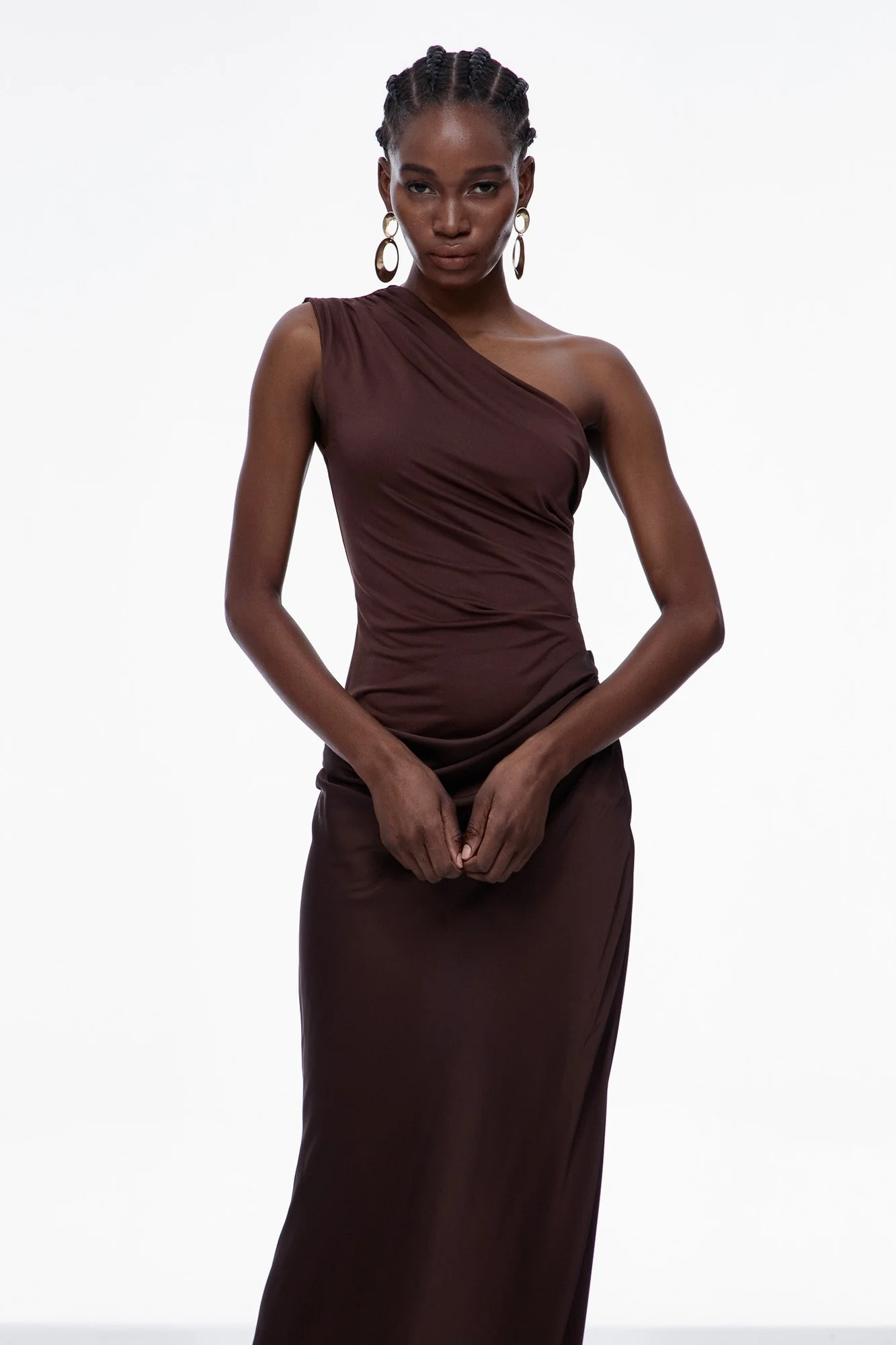 Brown Satin One-Shoulder Maxi Dress