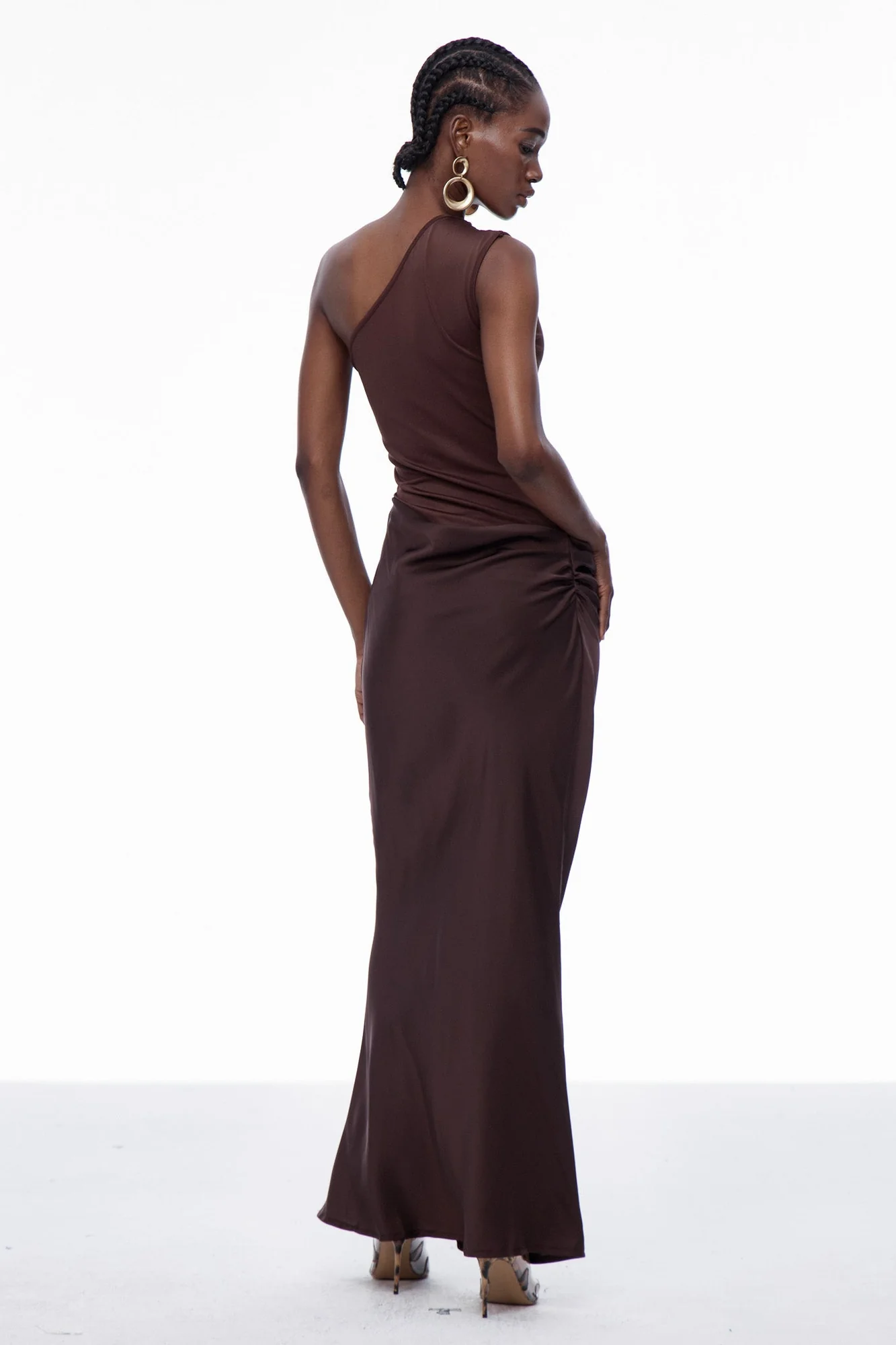 Brown Satin One-Shoulder Maxi Dress