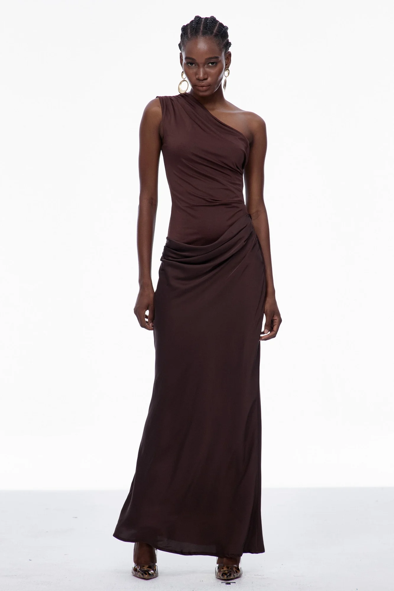 Brown Satin One-Shoulder Maxi Dress