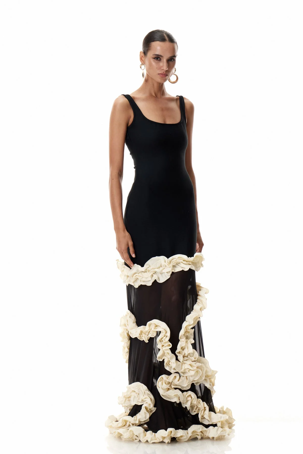 Elegant Mesh Ruffle Maxi Dress - Black Asymmetric Design