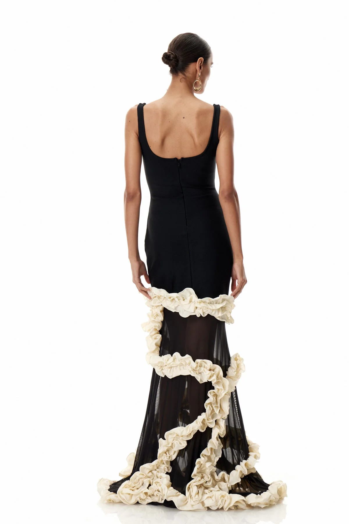 Elegant Mesh Ruffle Maxi Dress - Black Asymmetric Design