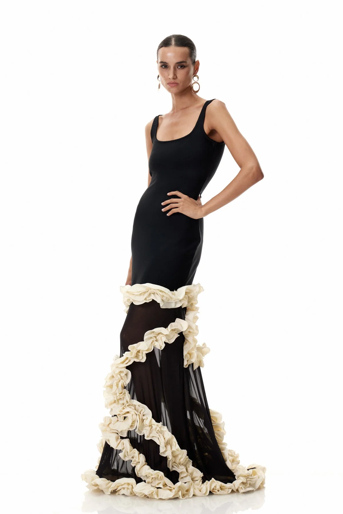 Elegant Mesh Ruffle Maxi Dress - Black Asymmetric Design