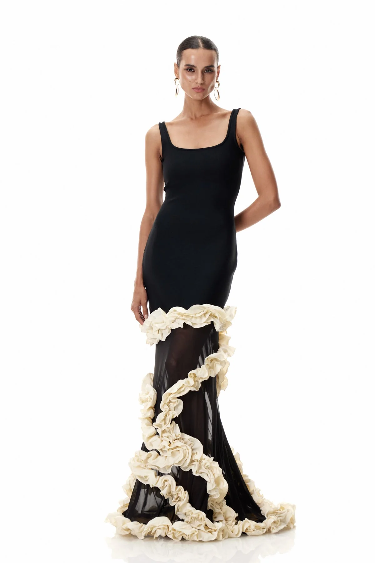 Elegant Mesh Ruffle Maxi Dress - Black Asymmetric Design