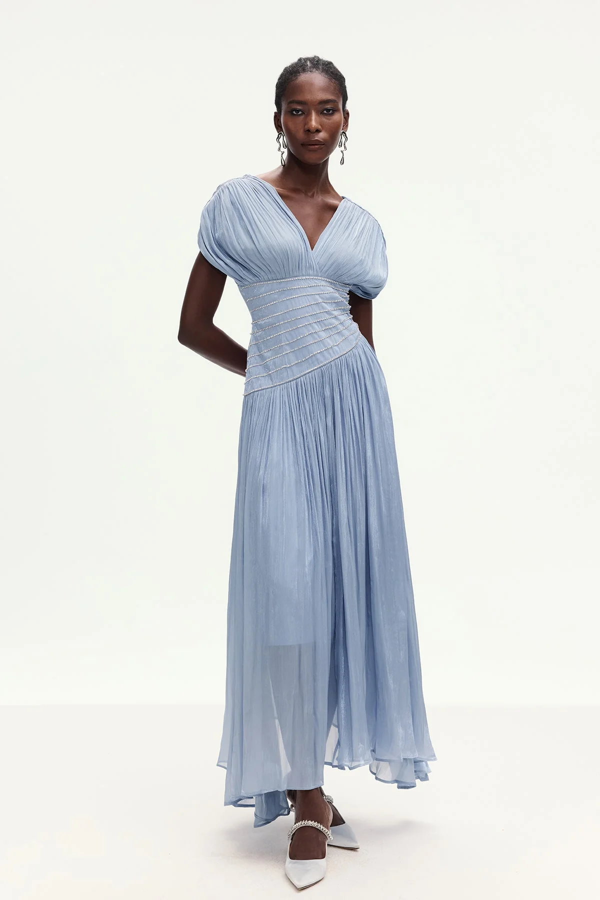 Blue Ruch Plunge Maxi Dress Elegant Design