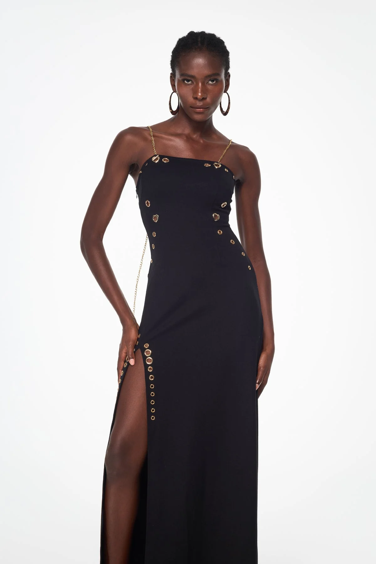 Elegant Black Chain Split Maxi Dress