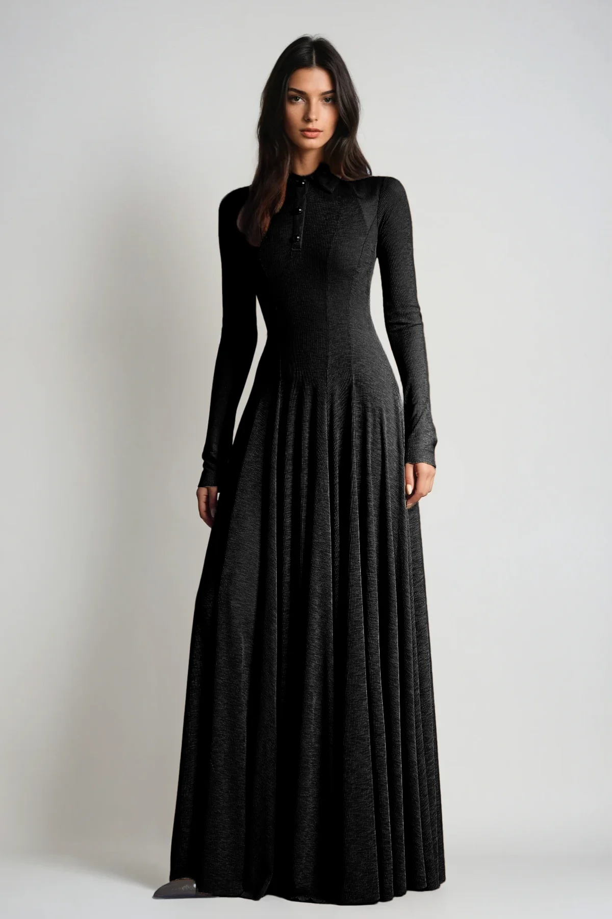 Black Knit Long Sleeve Ruffle Maxi Dress - Sophisticated Comfort