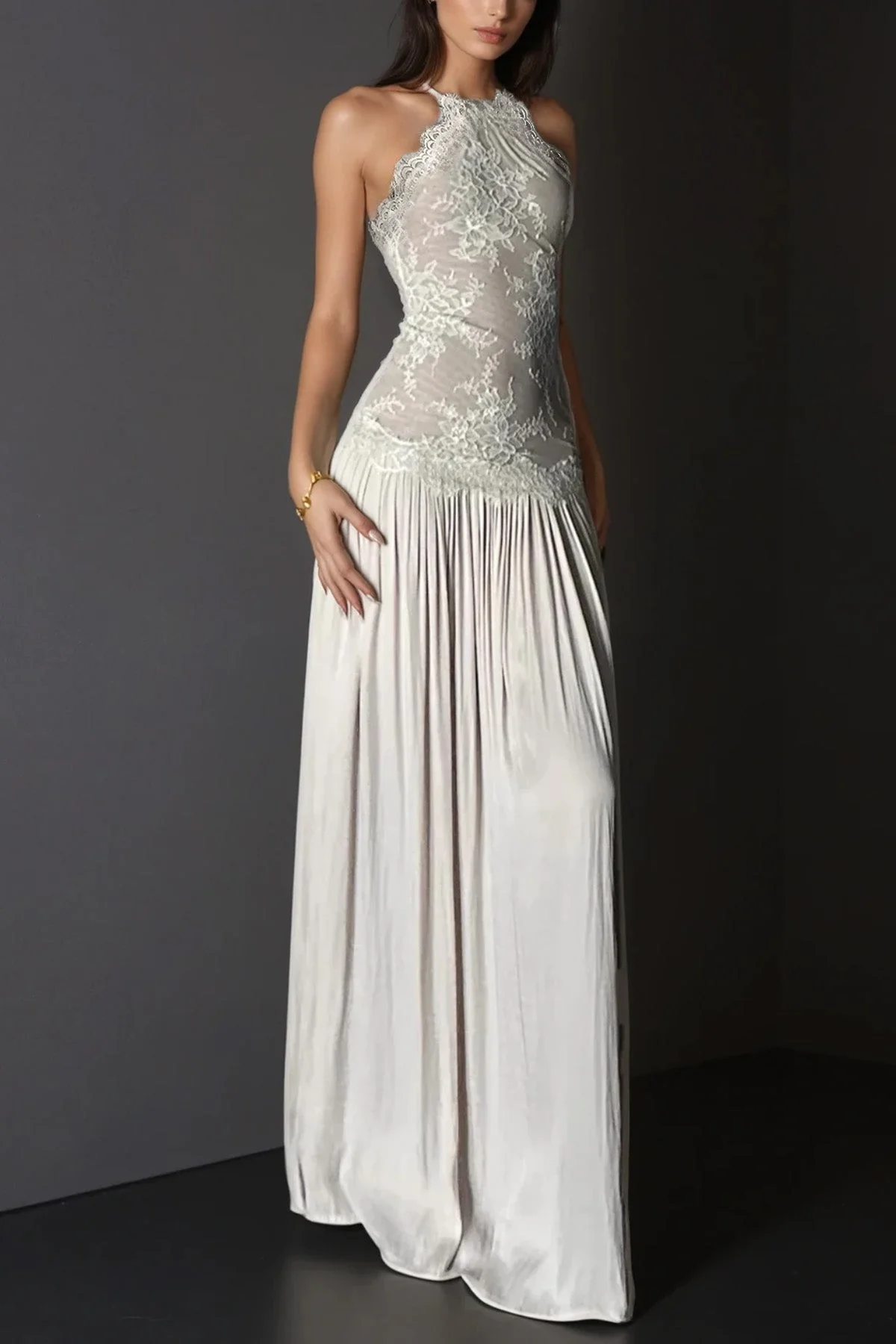 White Lace Floral Ruch Maxi Dress - Elegant & Timeless Design