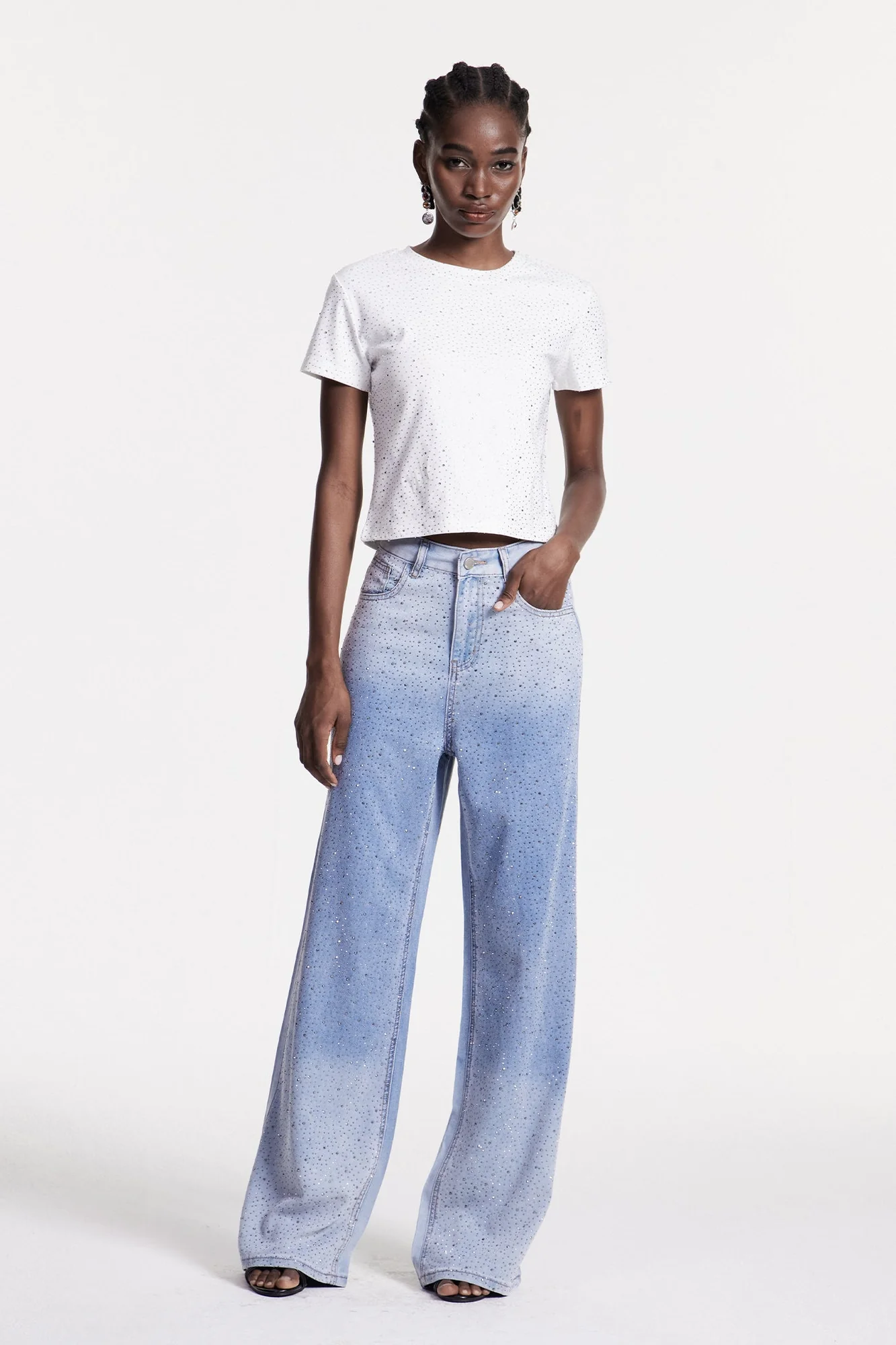 Blue Rhinestone Embellished Tailored Jeans