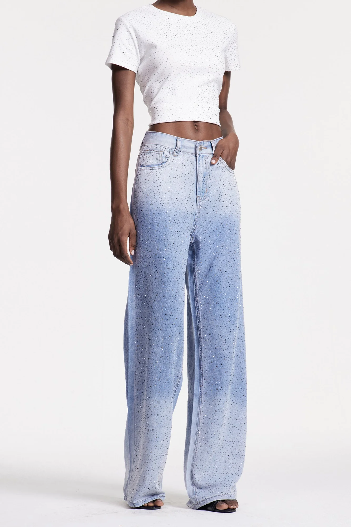 Blue Rhinestone Embellished Tailored Jeans