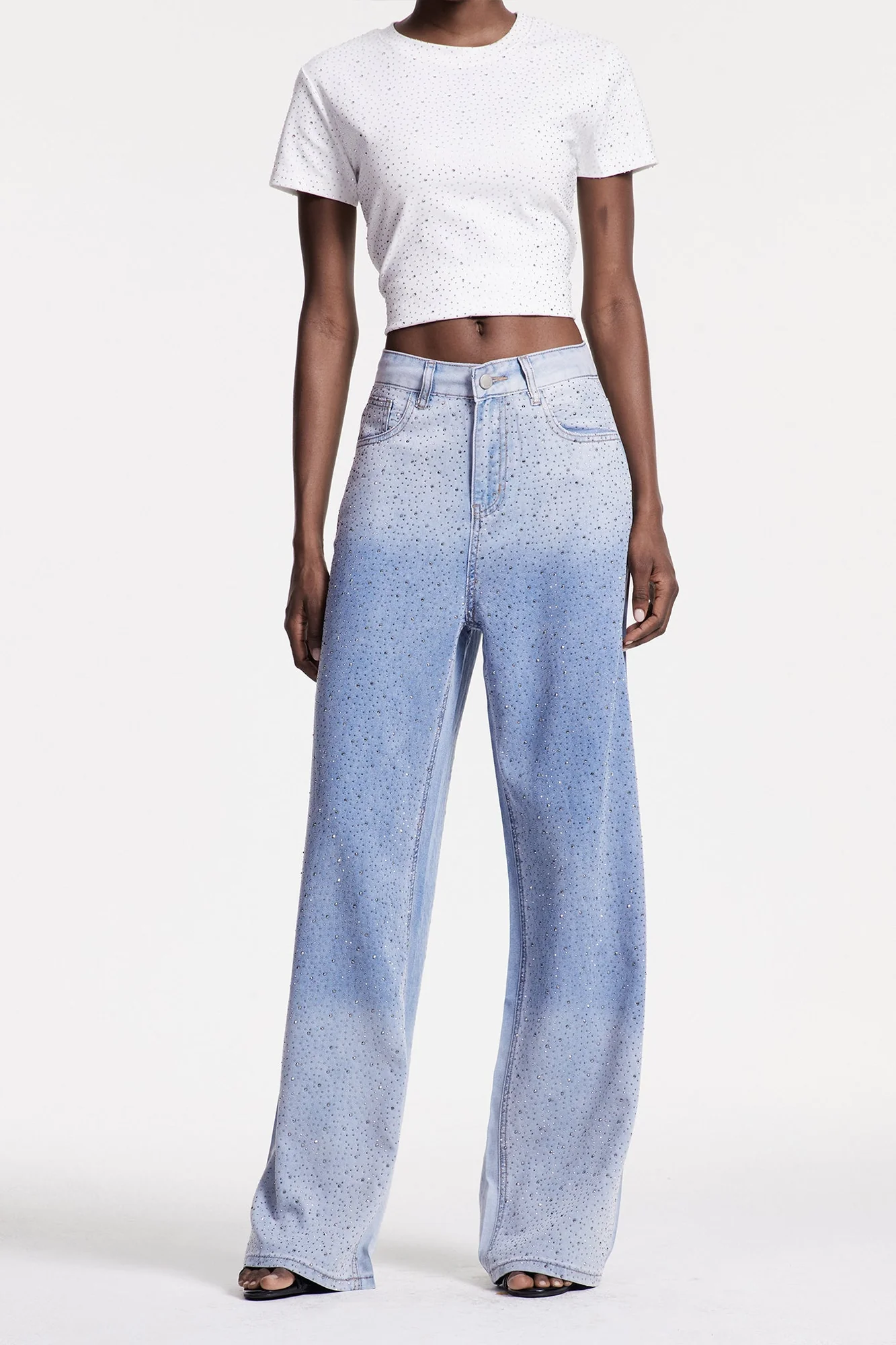 Blue Rhinestone Embellished Tailored Jeans