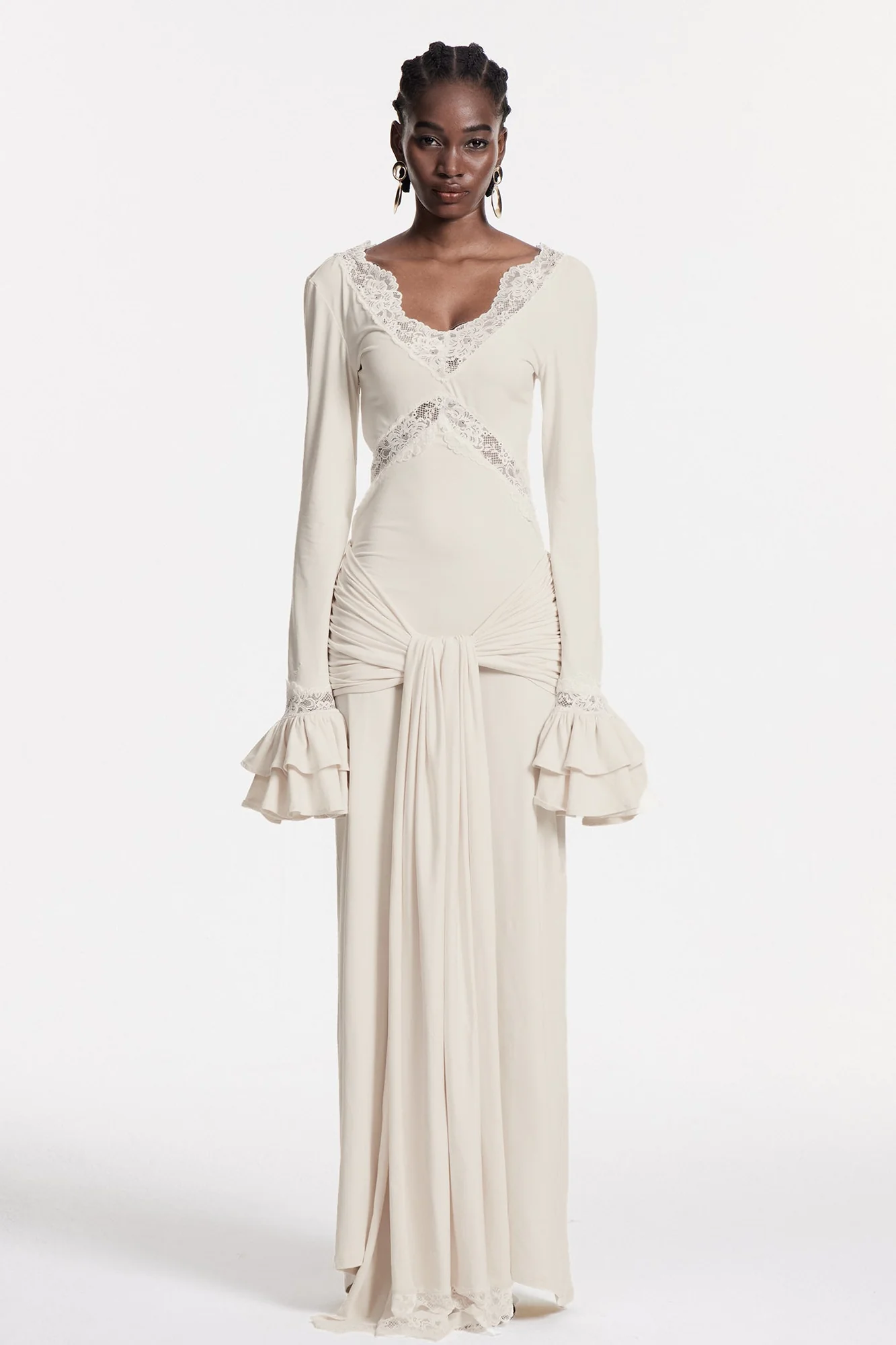 Elegant Lace Maxi Dress with Tie-Up Detail