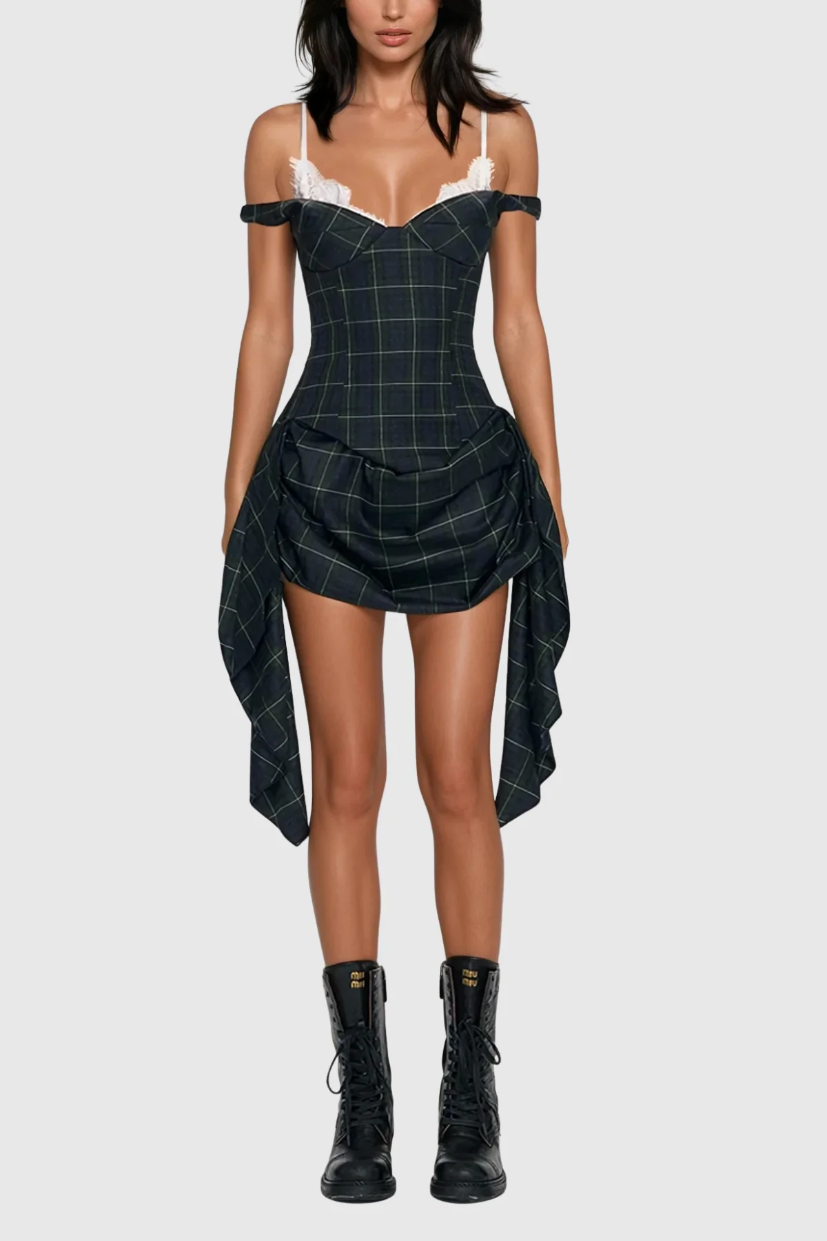 Grid Pattern Fringe Spaghetti Mini Dress Black Elegant Design