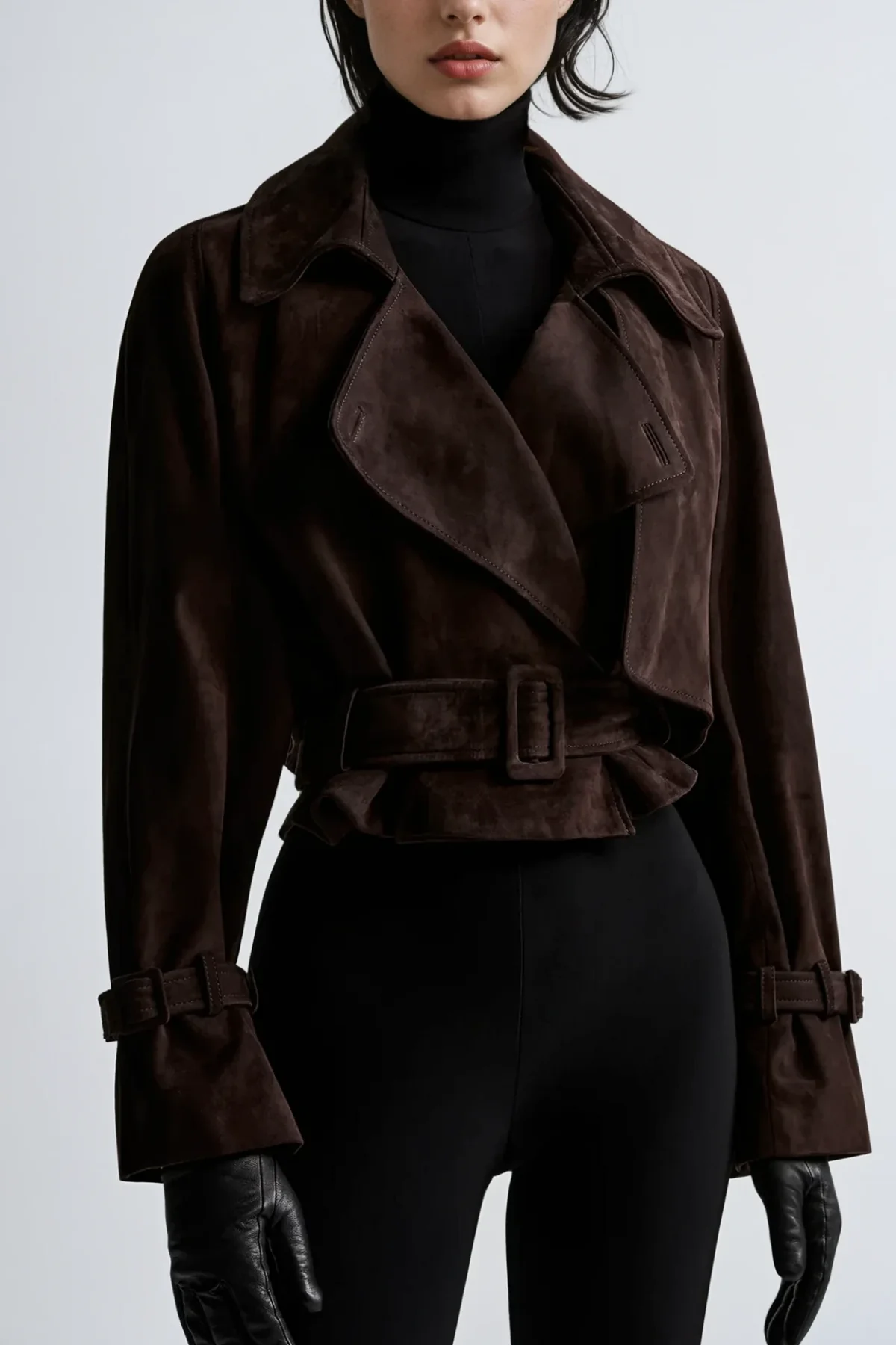 Brown Suede Lapel Jacket with Buckle Detail