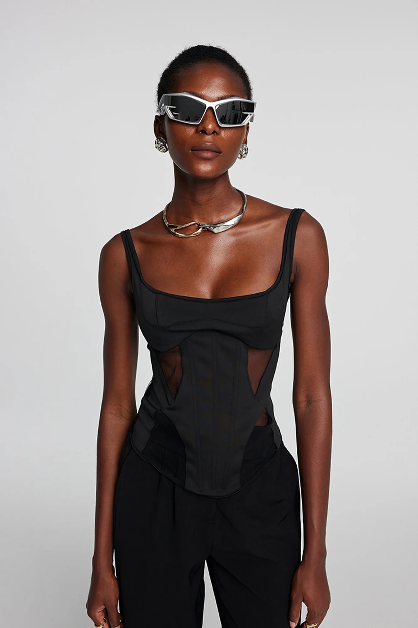 Black Mesh Corset Top with See-Through Design