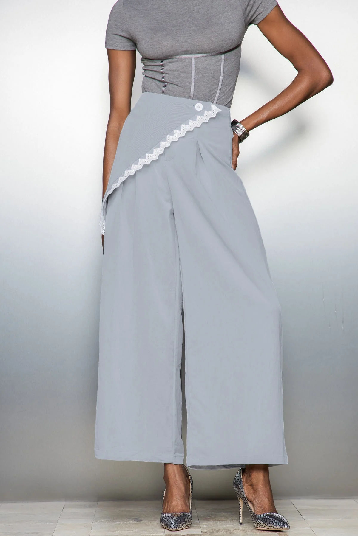 Blue Lace Asymmetric Pants - Elegant Design