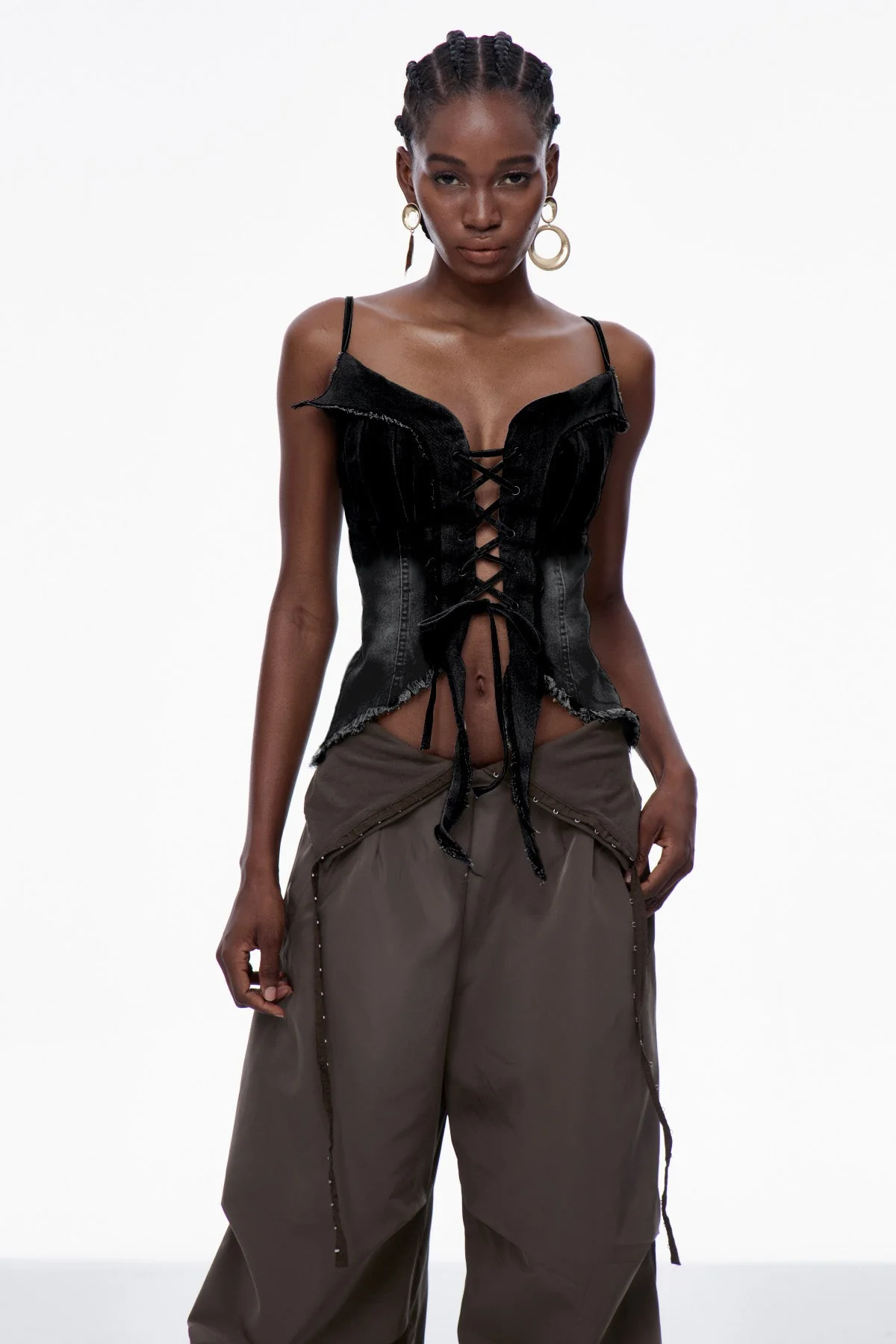 Black Denim Fringe Lace-Up Top: Urban Edge Style