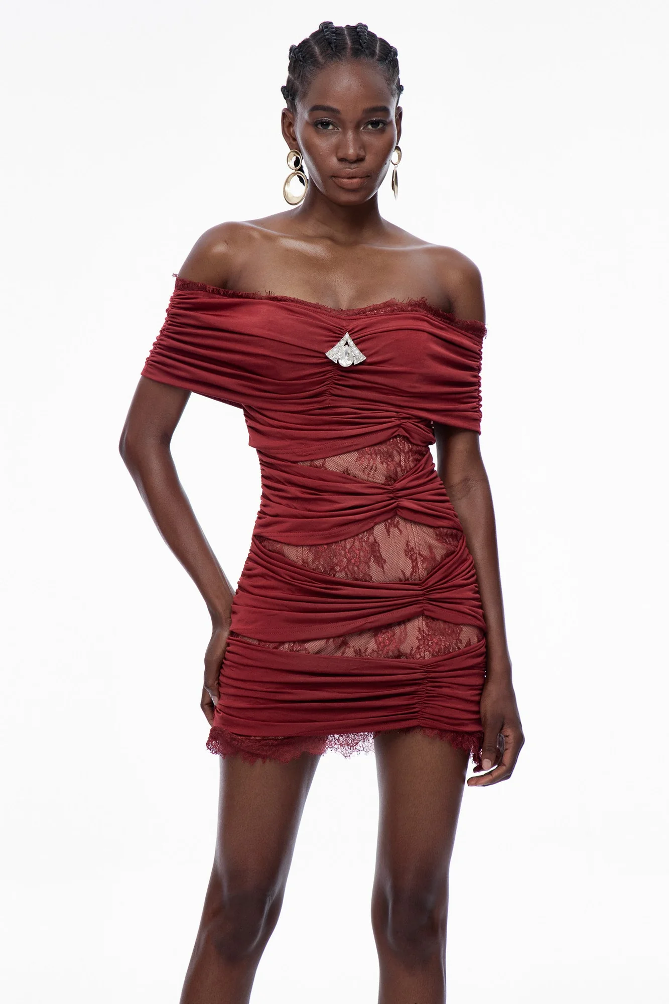 Red Lace Off Shoulder Mini Dress with Ruching Detail