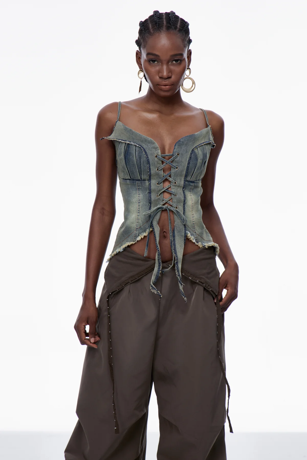 Denim Lace Up Fringe Sleeveless Top Blue Urban Edge Style