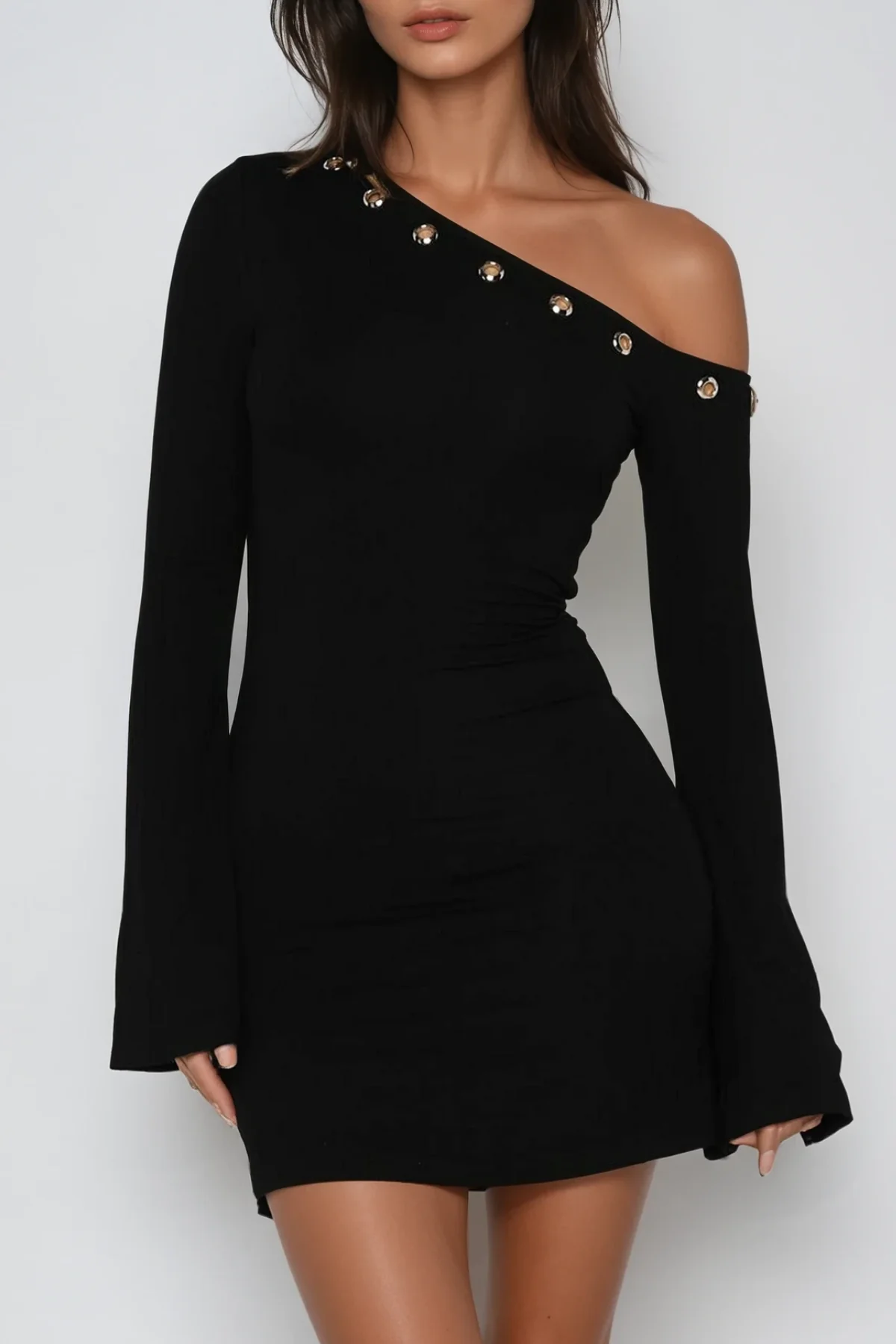 One Shoulder Eyelet Mini Dress in Black - Elegant Evening Wear