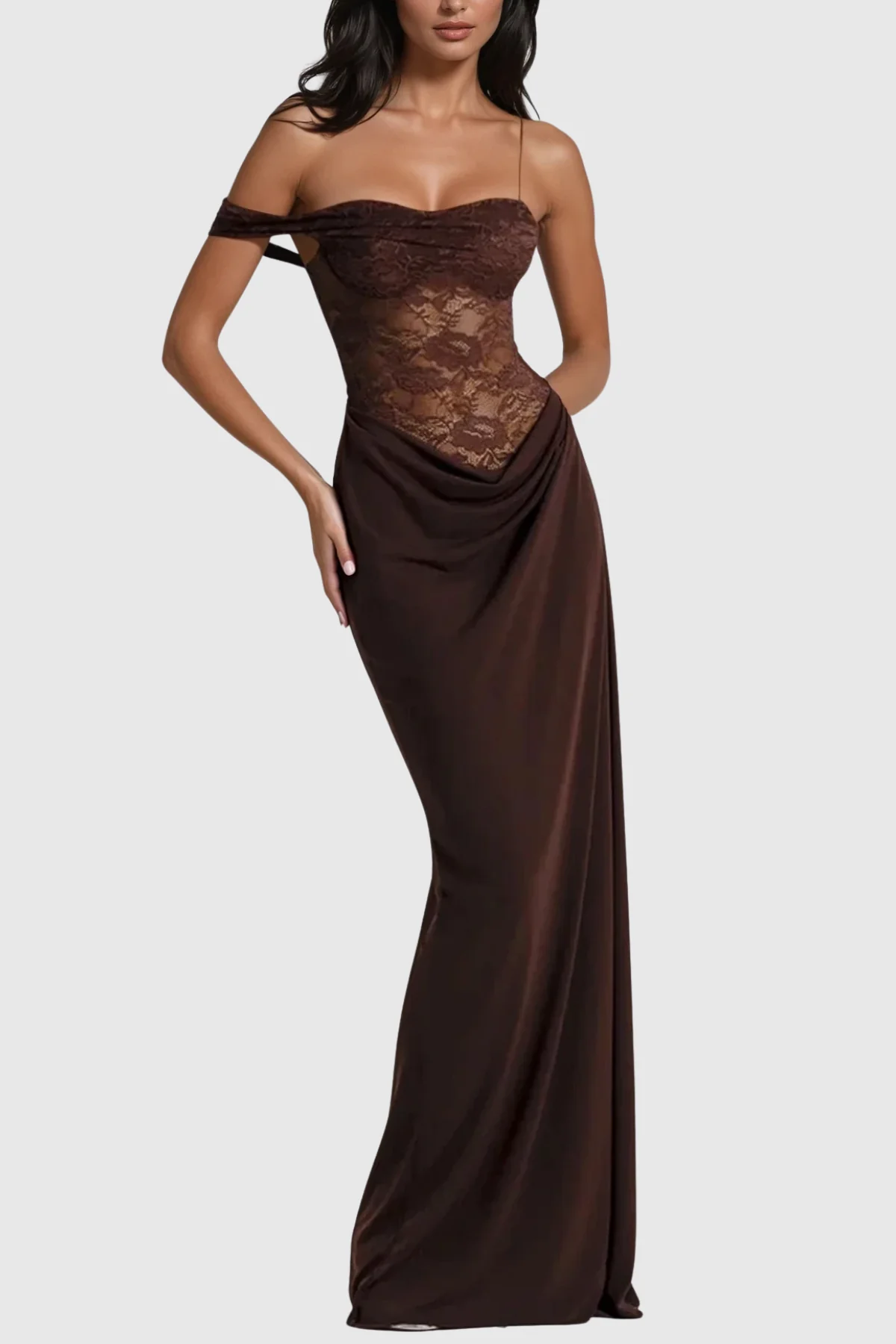 Brown Lace Asymmetric Maxi Dress