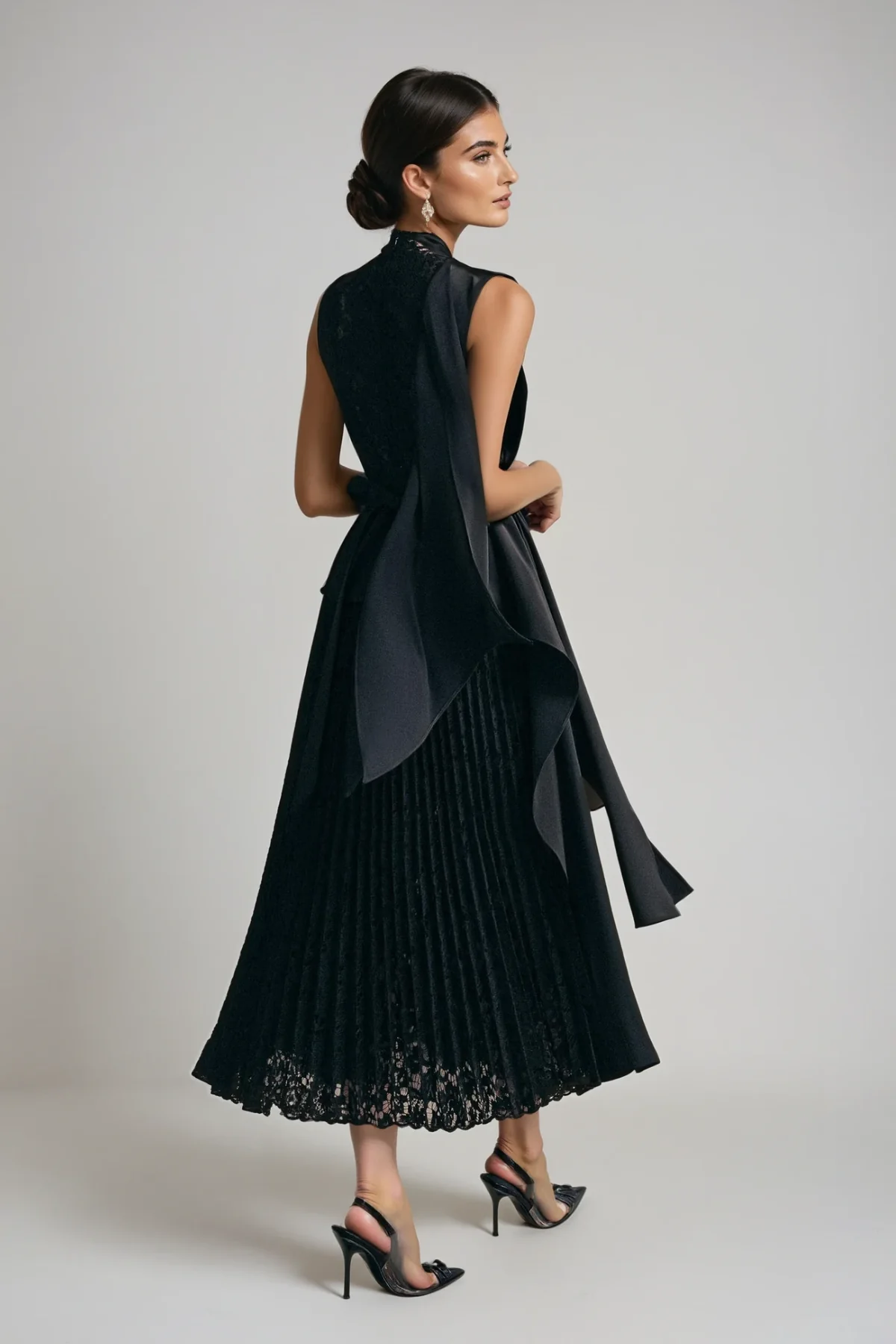 Black Lace Ruched Midi Dress for Women