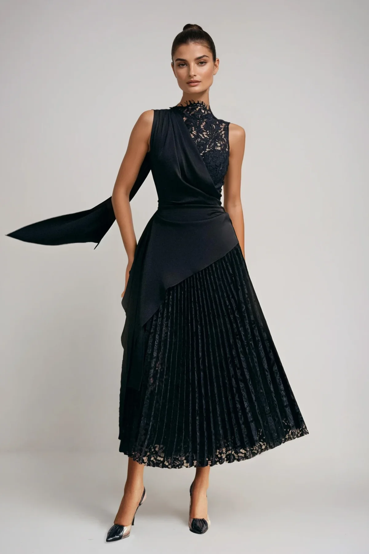 Black Lace Ruched Midi Dress for Women