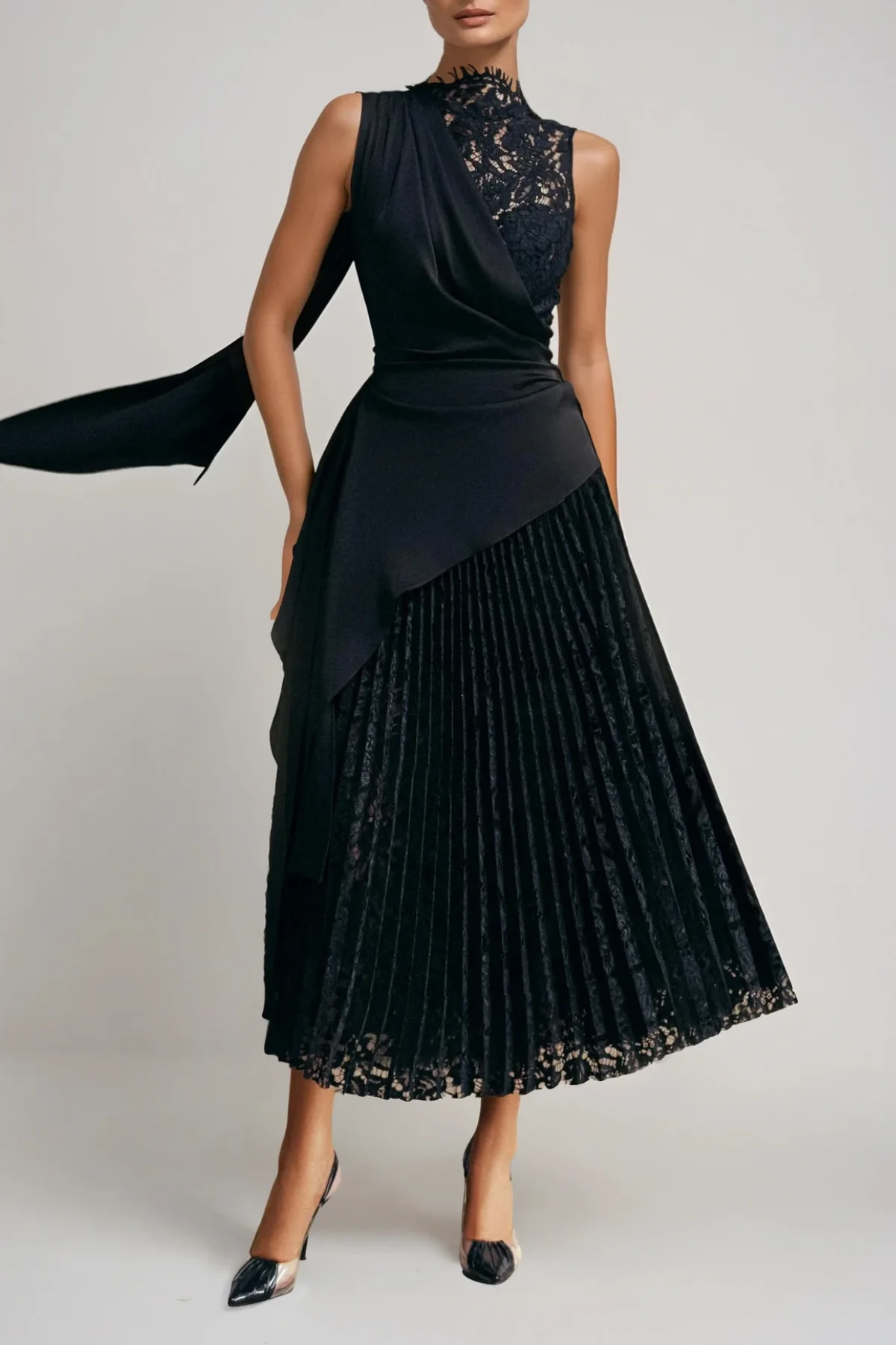 Black Lace Ruched Midi Dress for Women