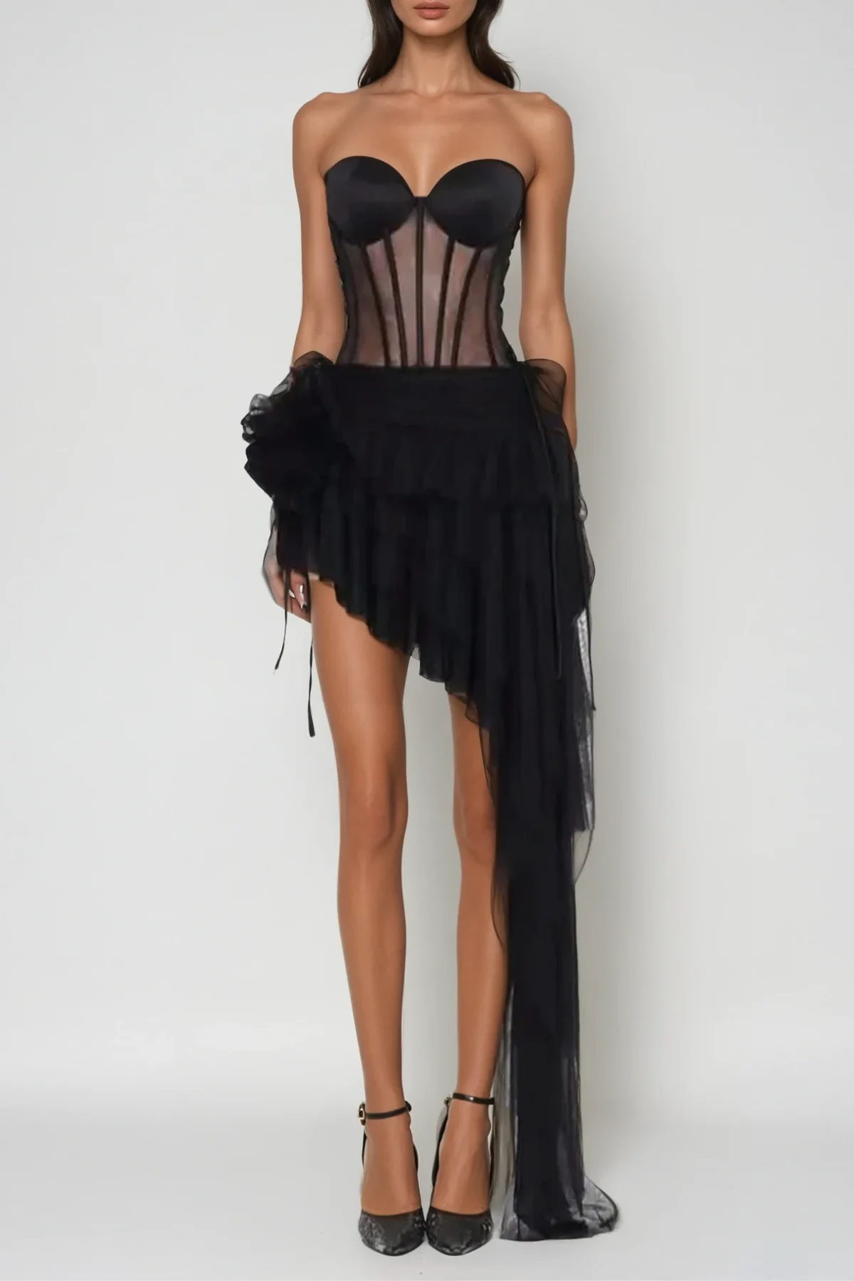 Sophisticated Sheer Mesh Asymmetric Mini Dress