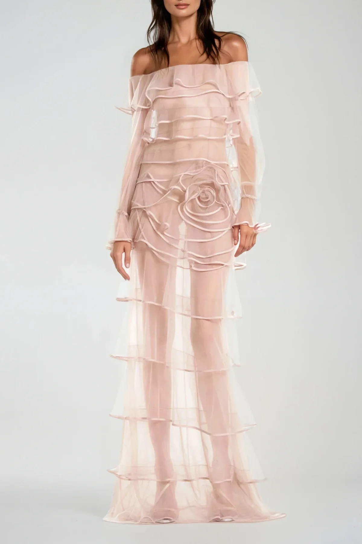 Nude Floral Ruched Off-Shoulder Maxi Dress