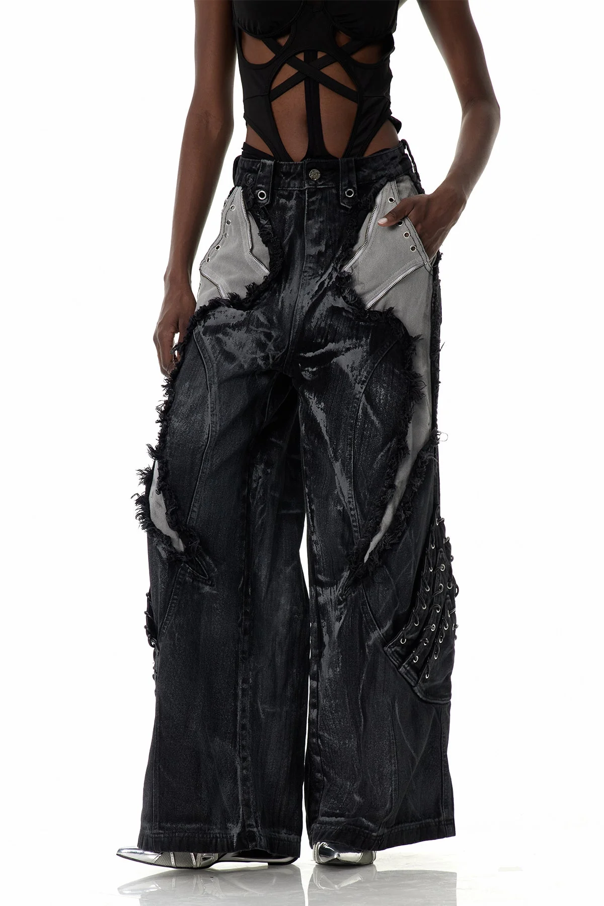 Black Deconstruct Fringe Jeans for Edgy Style