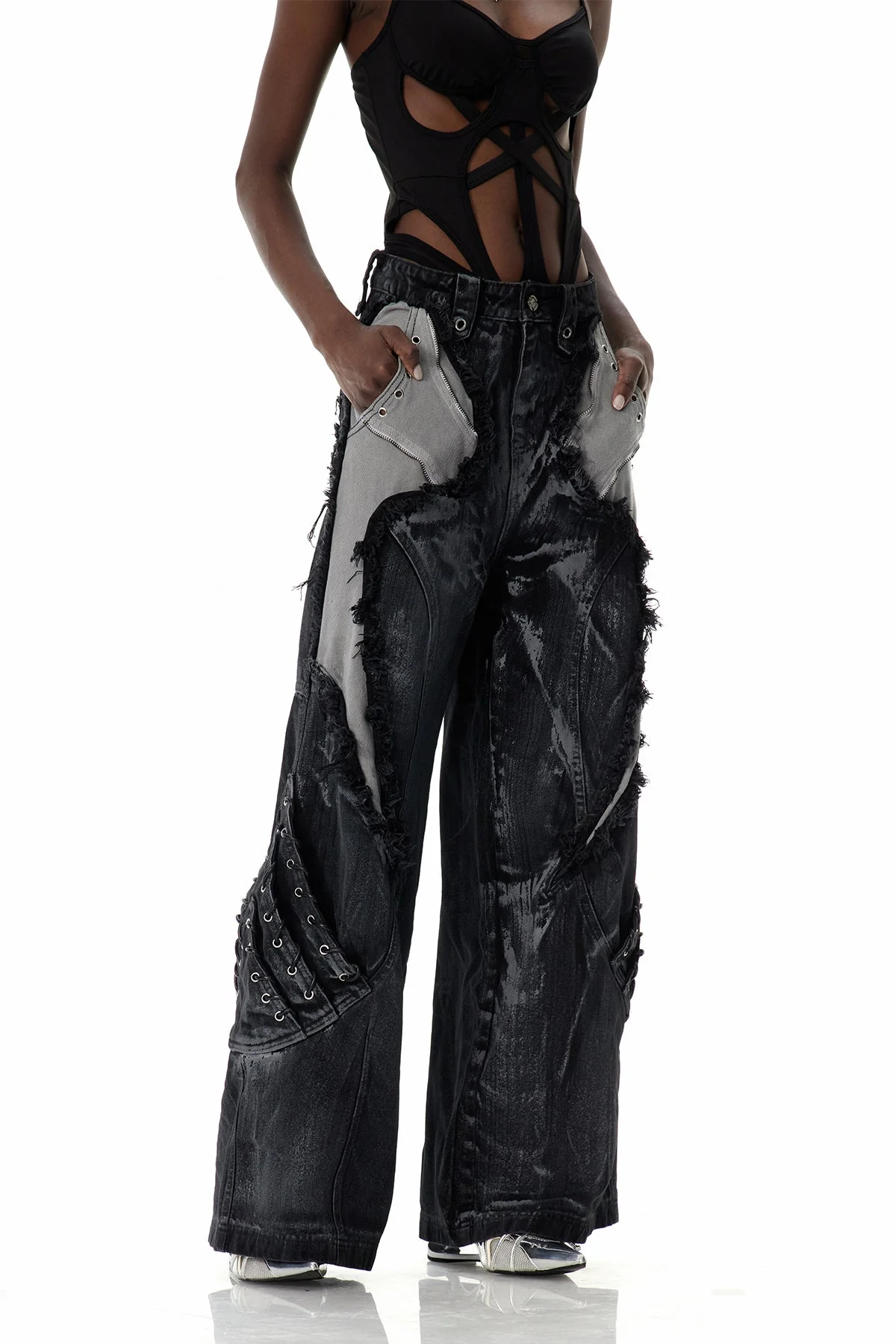 Black Deconstruct Fringe Jeans for Edgy Style