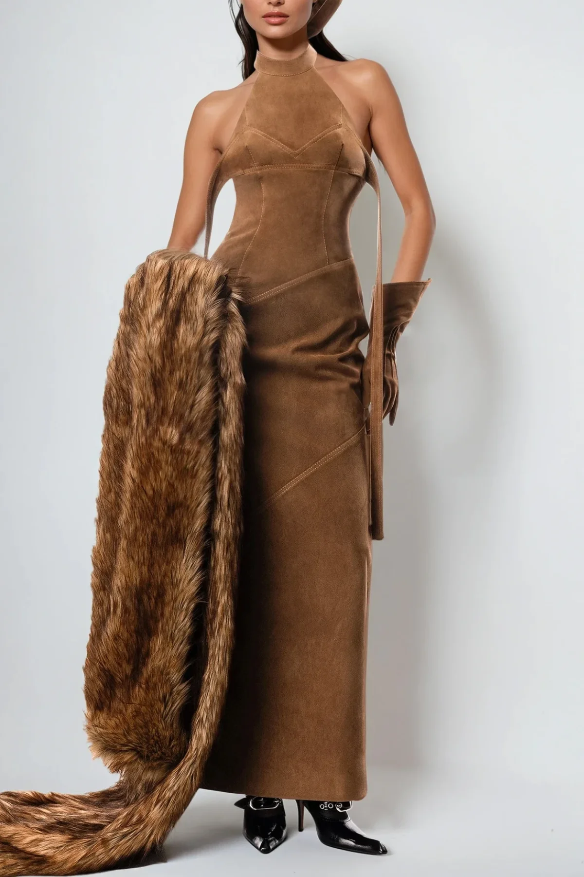 Brown Suede Halter Neck Maxi Dress - Elegant Evening Wear