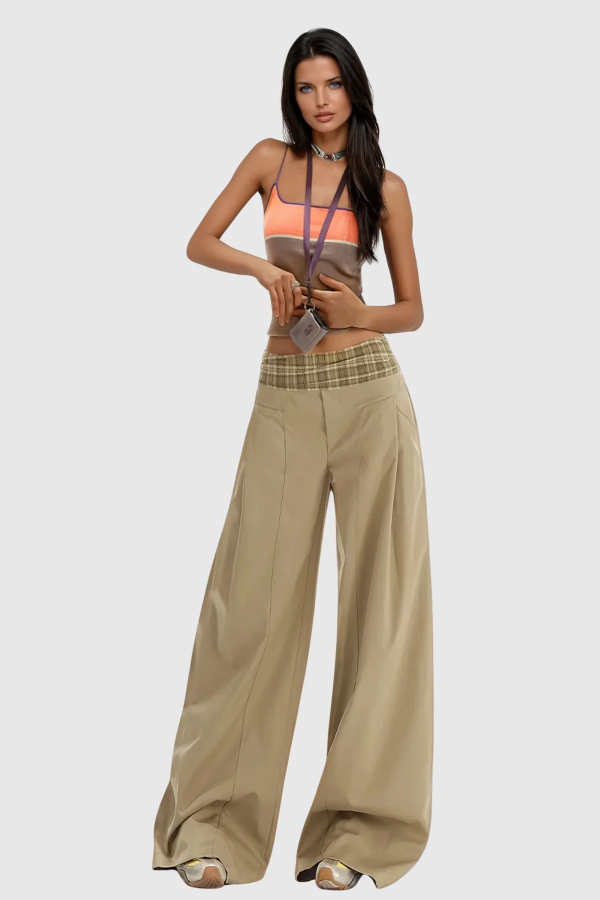 Khaki Grid Wide Leg Pants for Versatile Style