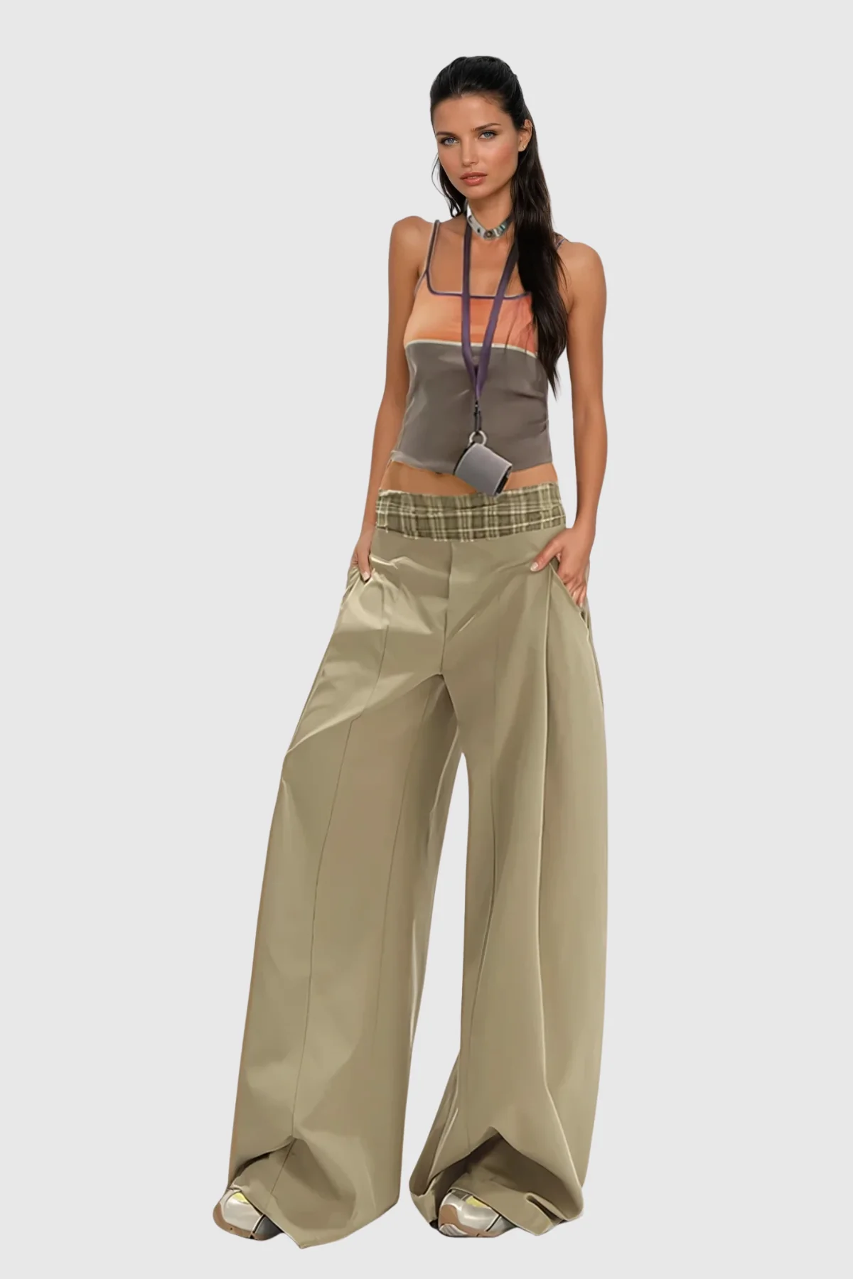 Khaki Grid Wide Leg Pants for Versatile Style