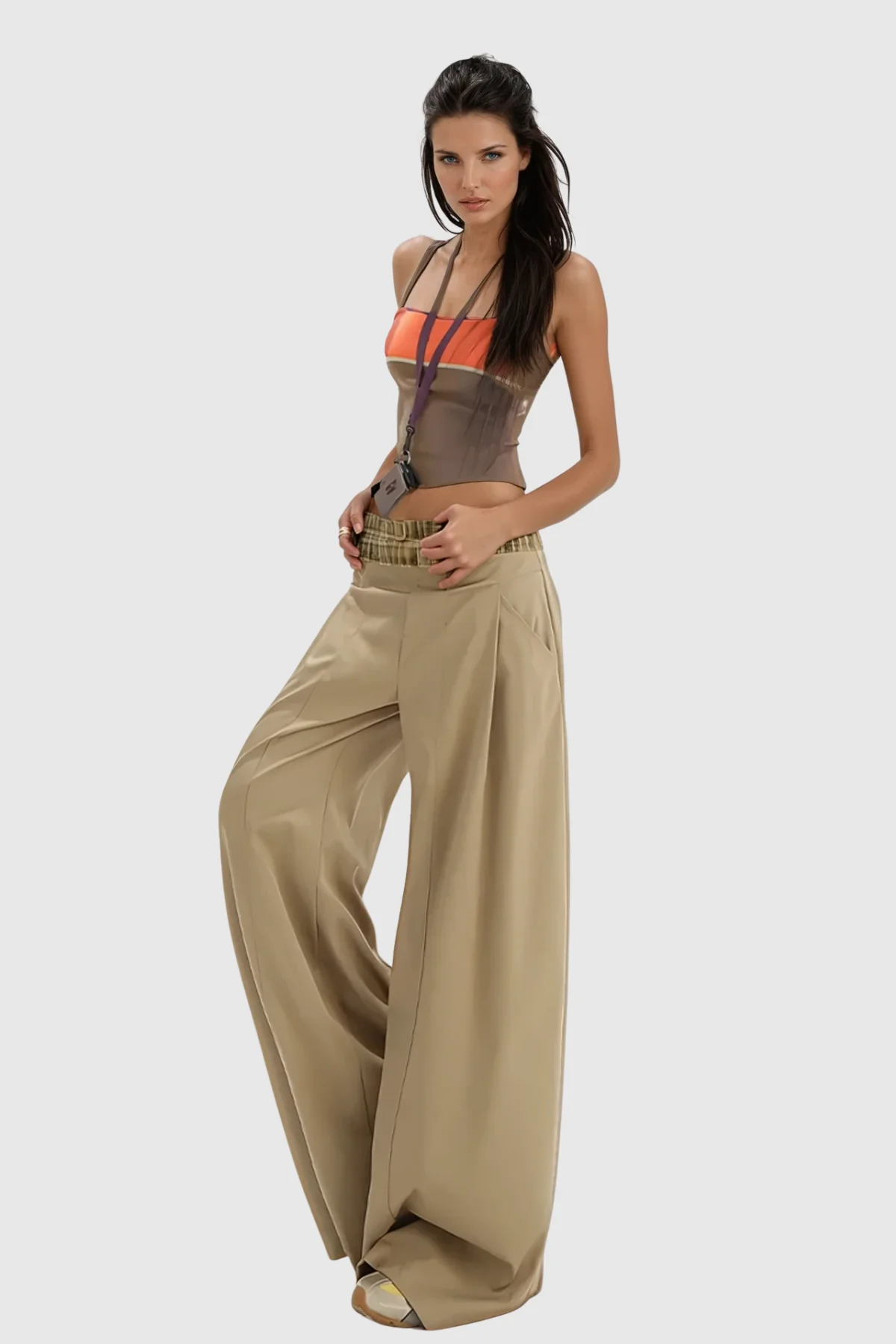 Khaki Grid Wide Leg Pants for Versatile Style