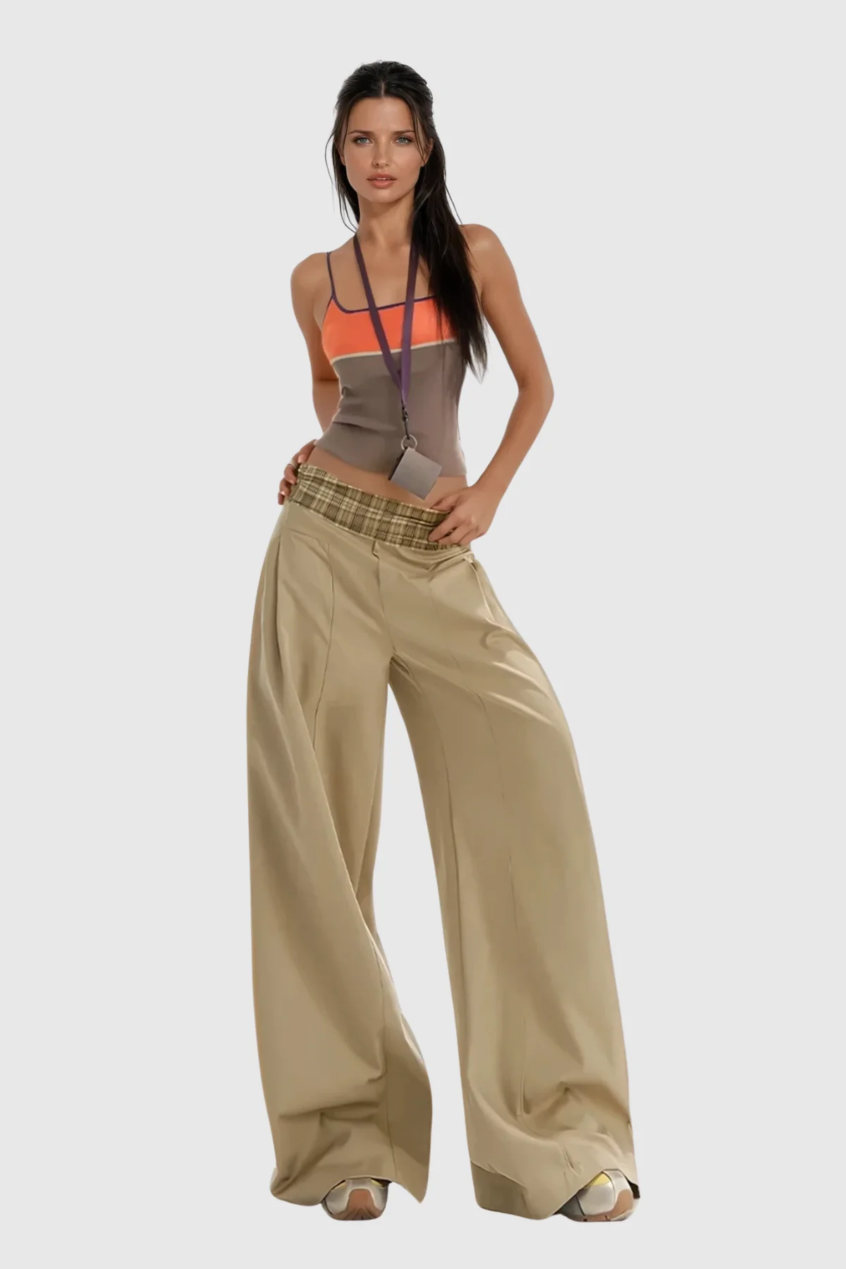 Khaki Grid Wide Leg Pants for Versatile Style