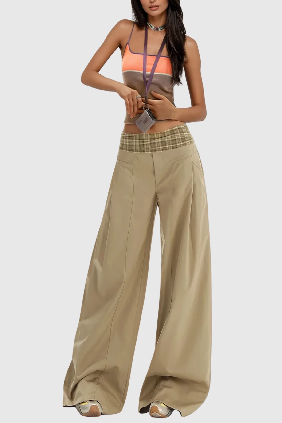 Khaki Grid Wide Leg Pants for Versatile Style