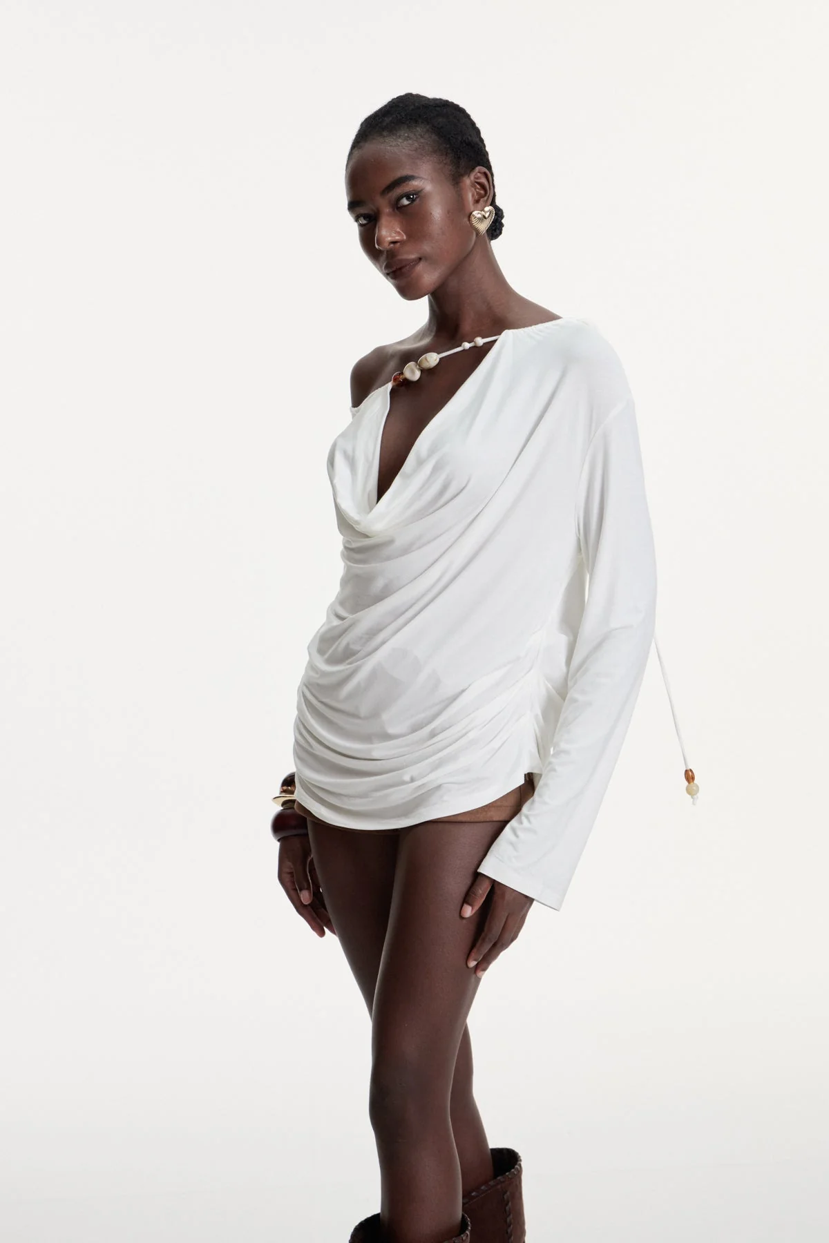 White Asymmetric Ruch Cowl Neck Top - Elegant Boho Chic Style