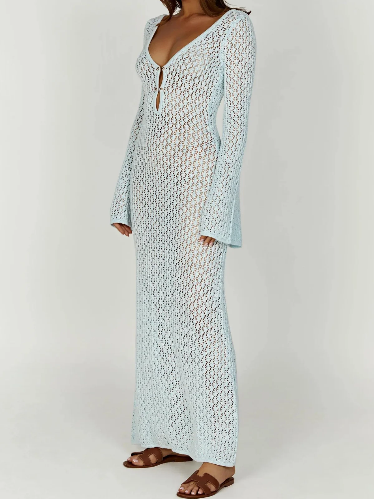 Blue Knit Plunge Maxi Dress - Elegant Special Occasion Wear