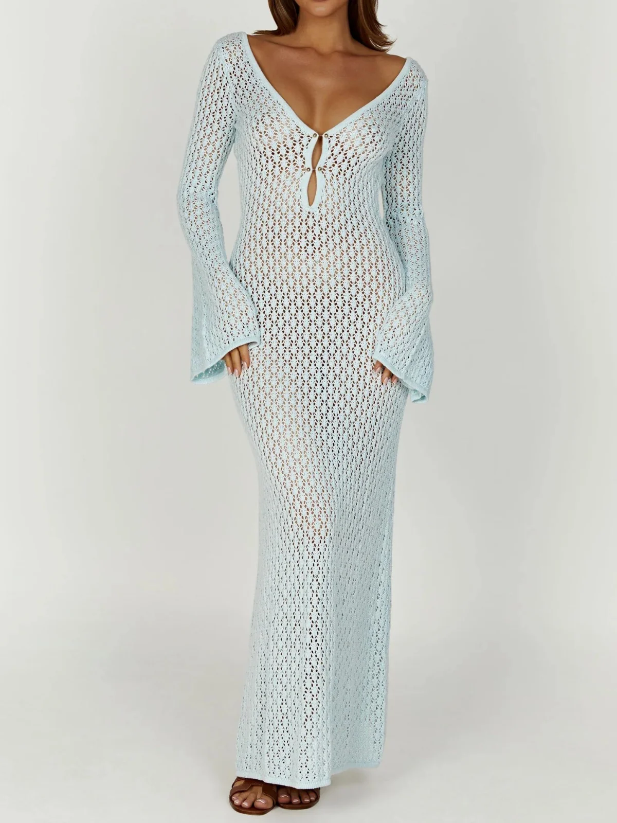 Blue Knit Plunge Maxi Dress - Elegant Special Occasion Wear