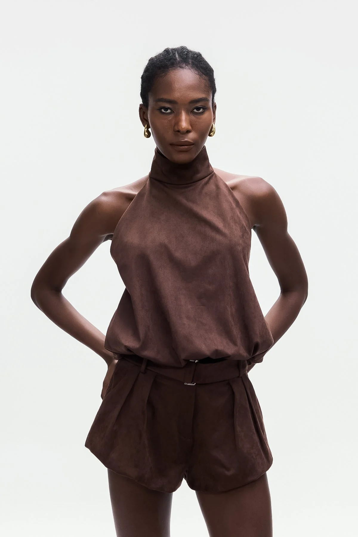 Brown Suede Halter Neck Top - Elegant and Sophisticated Design