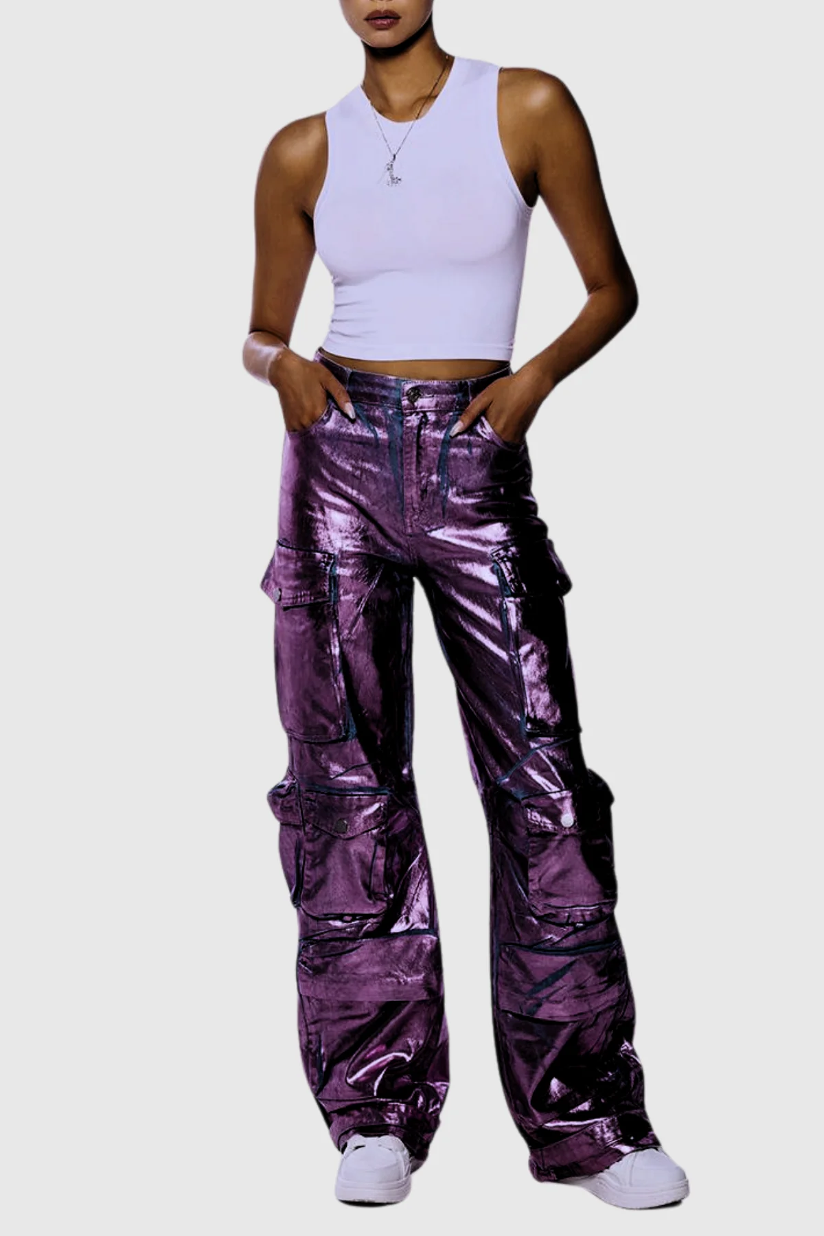 Purple Metallic Cargo Jeans - Stylish Functional Design