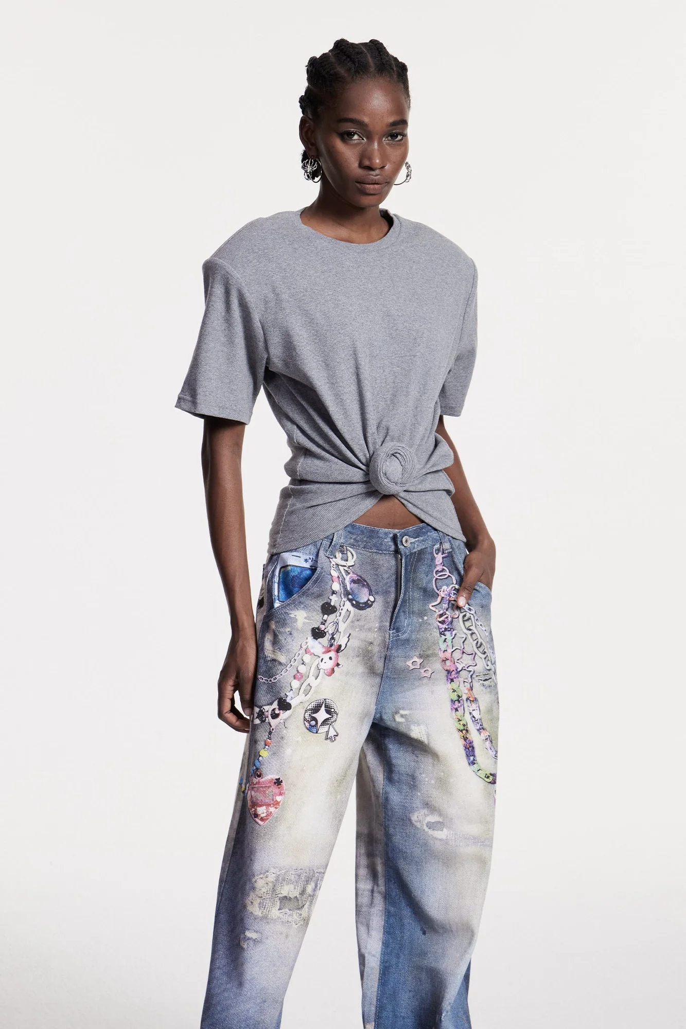 Grey Twist Ruched T-Shirt