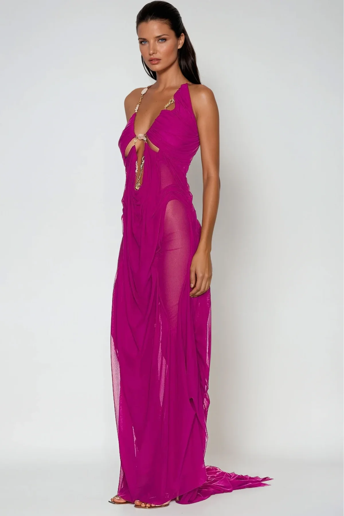 Plunge Chain Asymmetric Maxi Dress in Elegant Purple